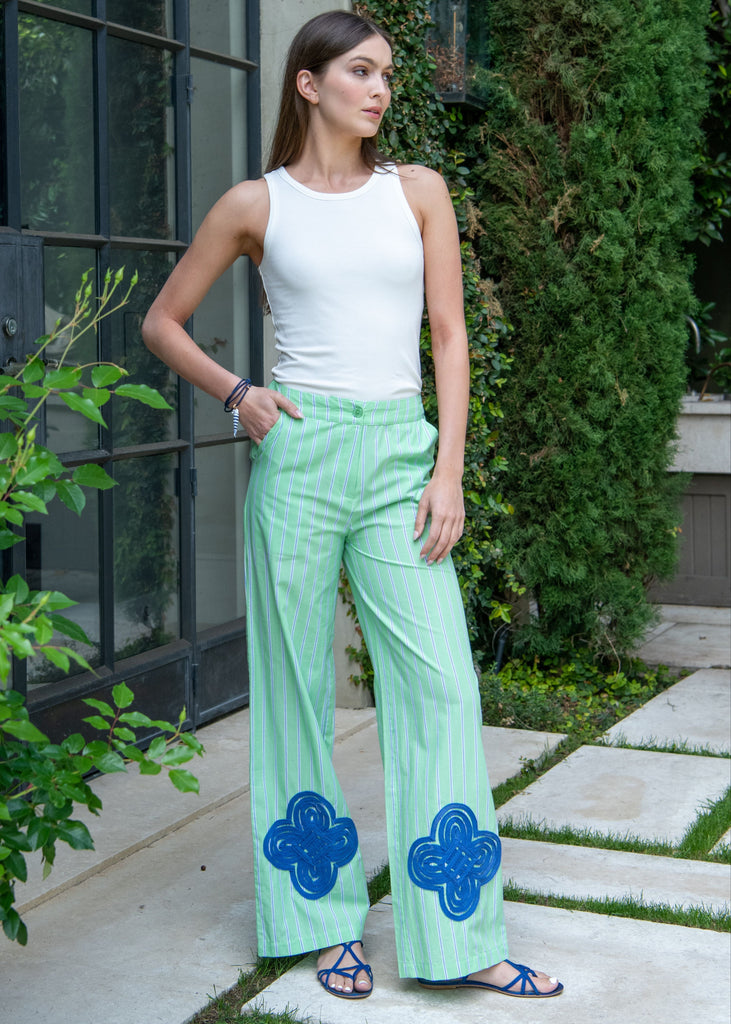 ボトムス Mila Trousers Cabin Stripe Floral 2-3y Judy Green Striped Cotton Pants with Indigo Embroidery – Benaar LA