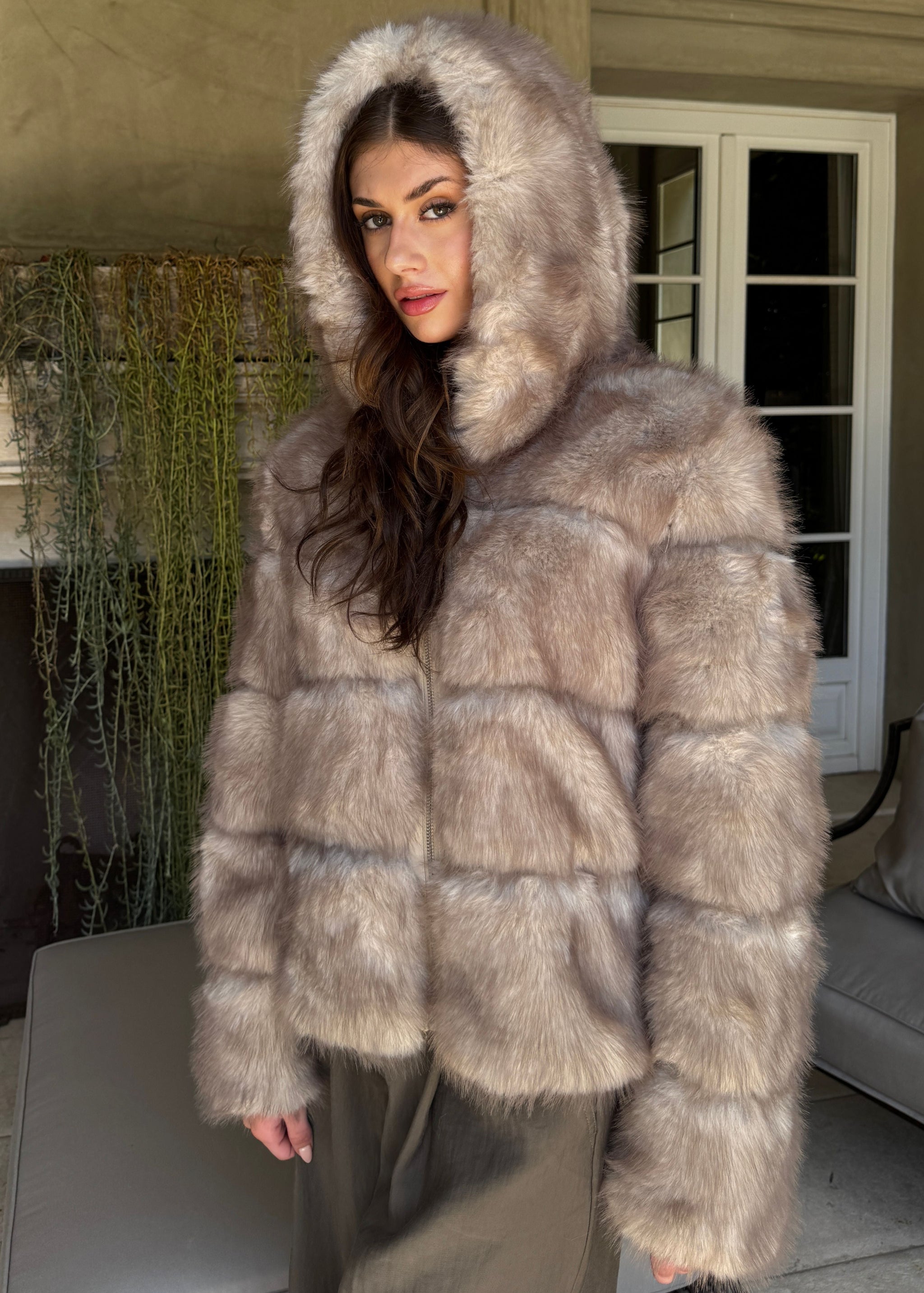 Marcella Puffer Style Faux Fur Hooded Zip Up Jacket - Light Brown