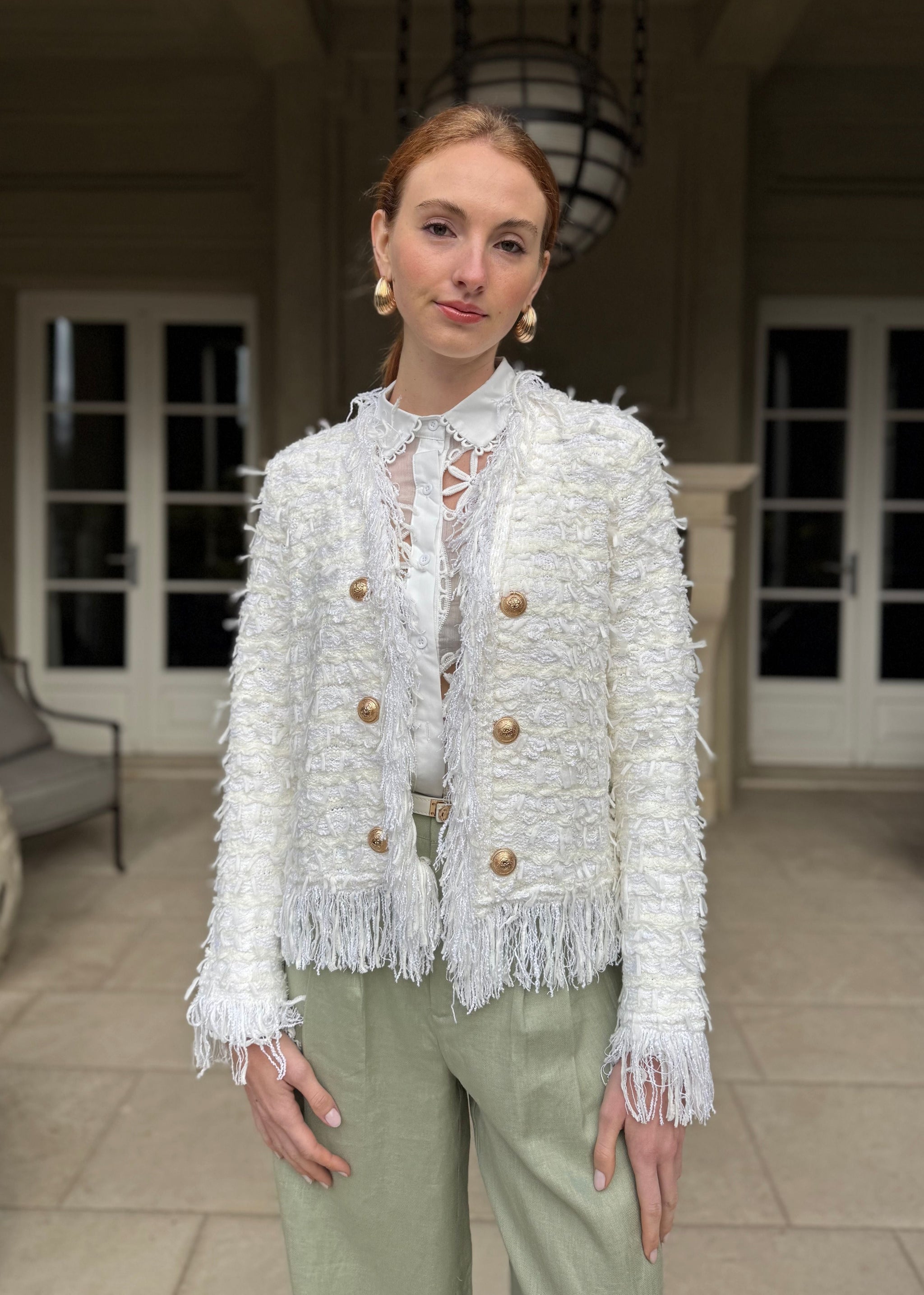 Khloe Open Front Fringe Jacket - White – Benaar LA
