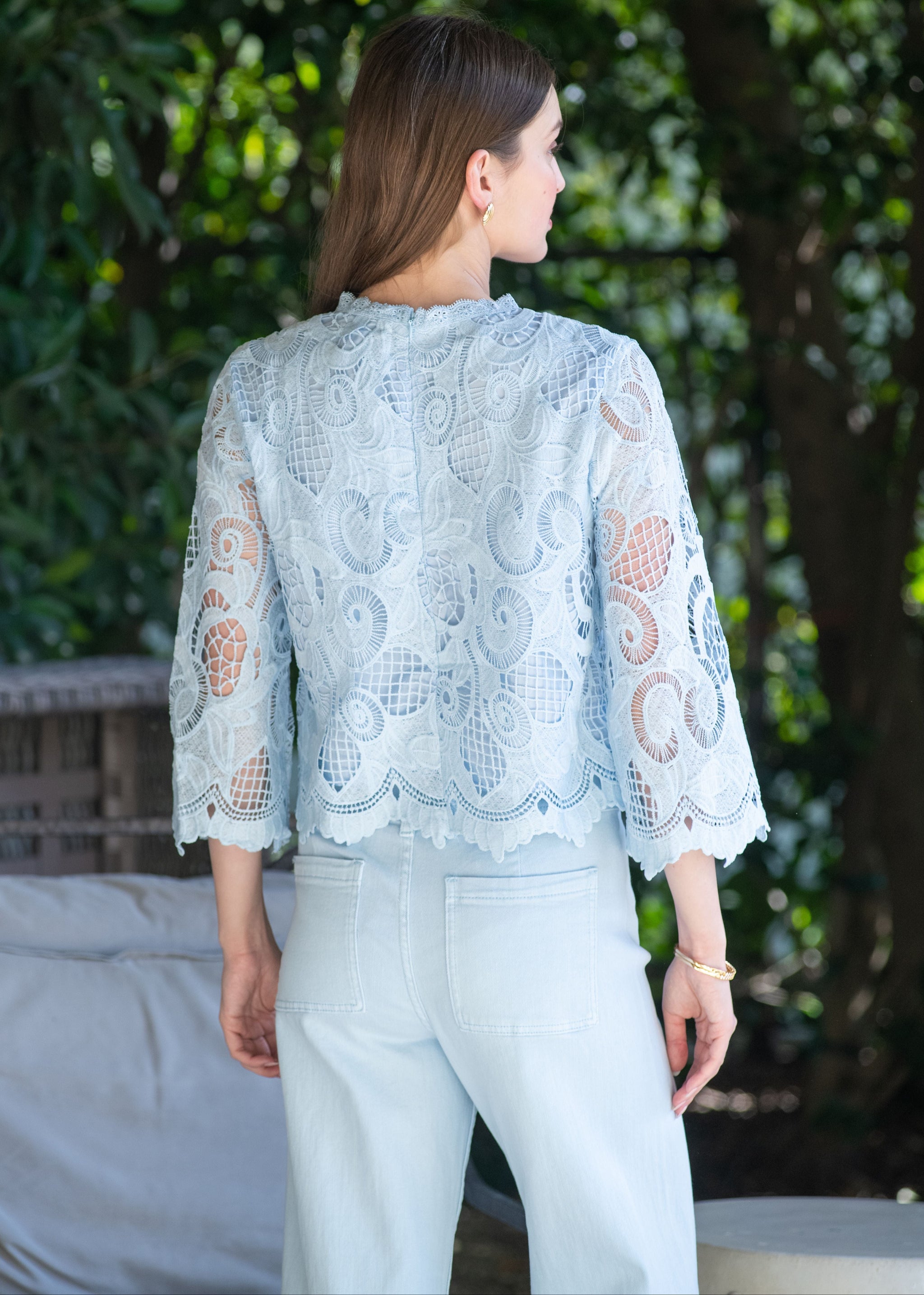 Jocelyn Abstract Lace 3/4 Flare Sleeve Top - Light blue – Benaar LA