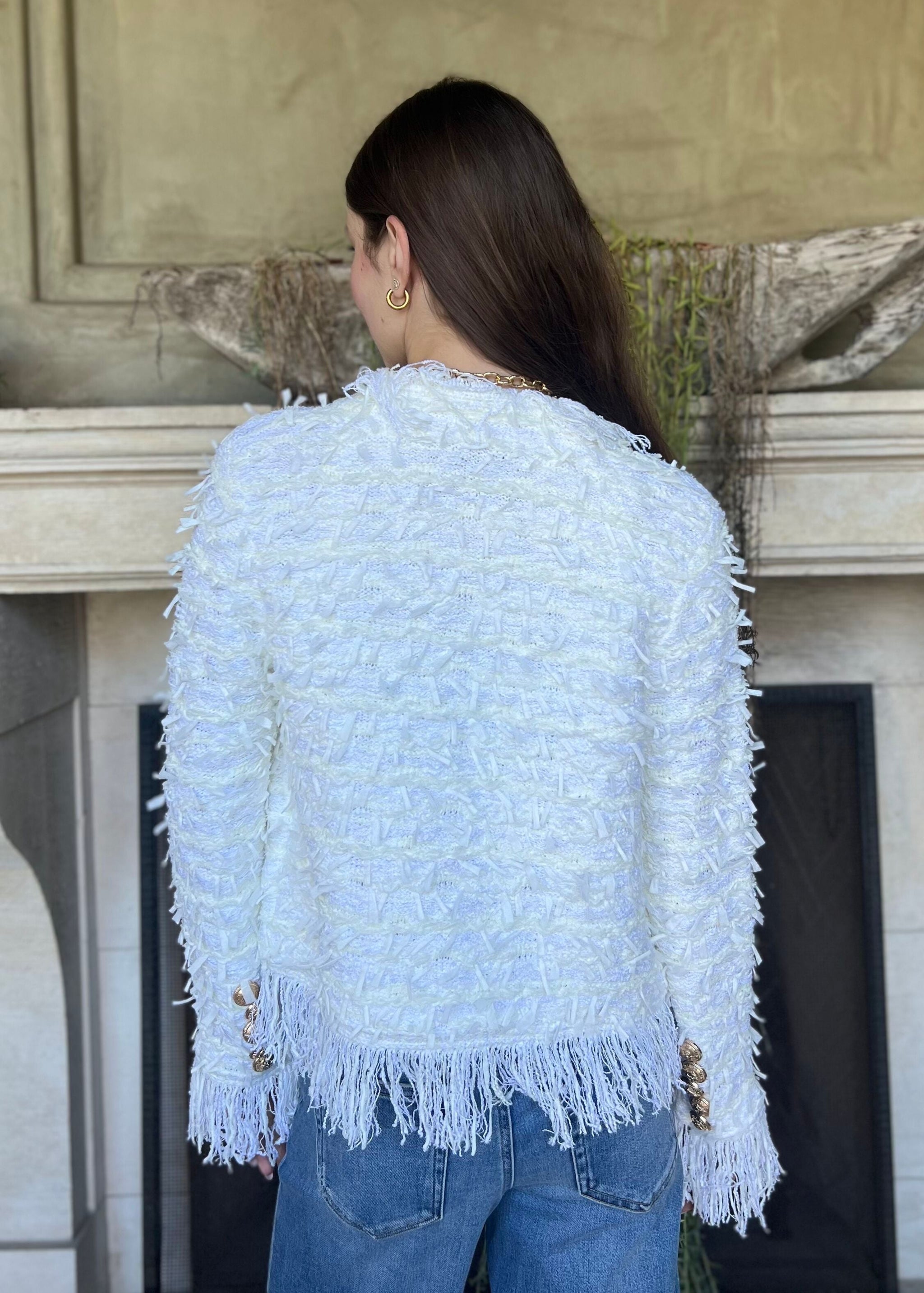 Khloe Open Front Fringe Jacket - White – Benaar LA