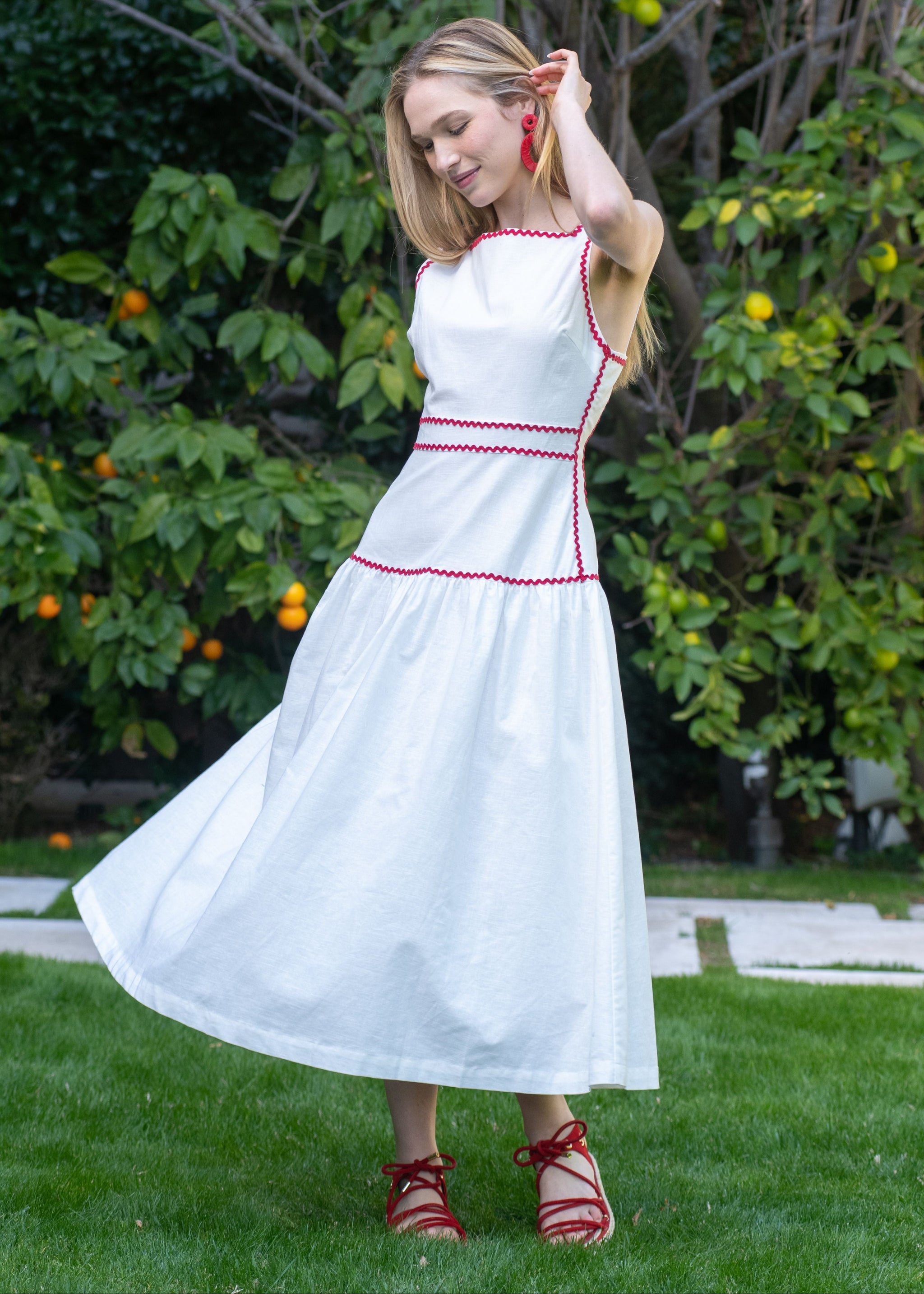 Greta Sleeveless Square Neck White Midi Dress Ricrac Trim X-Small