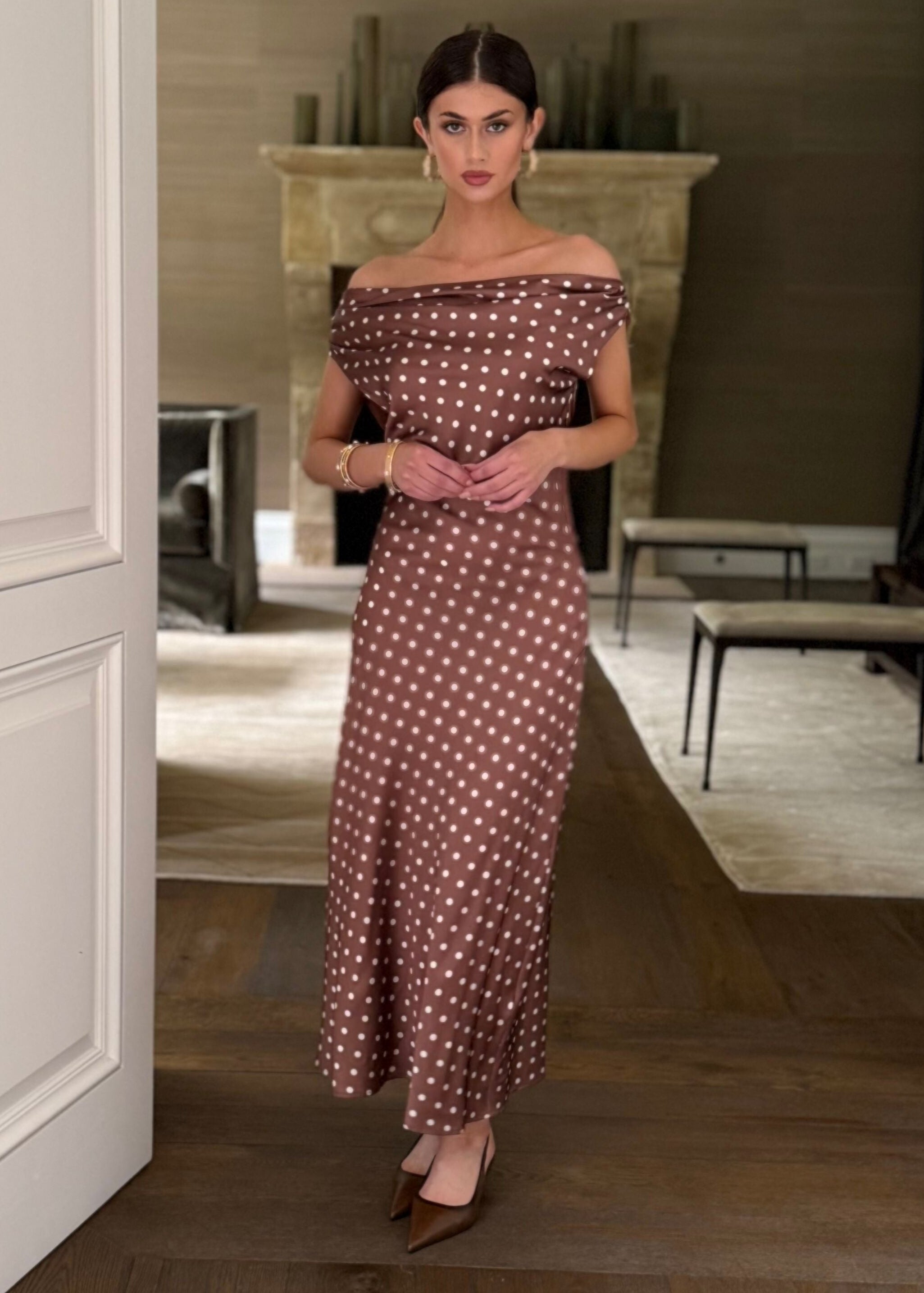 Valeria Chocolate Polka Dot Off The Shoulder Maxi Dress Benaar LA Valeria Chocolate Polka Dot Off The Shoulder Maxi Dress Benaar LA