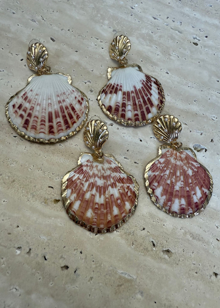 Shell-shaped earrings with gold accents on a textured surface
