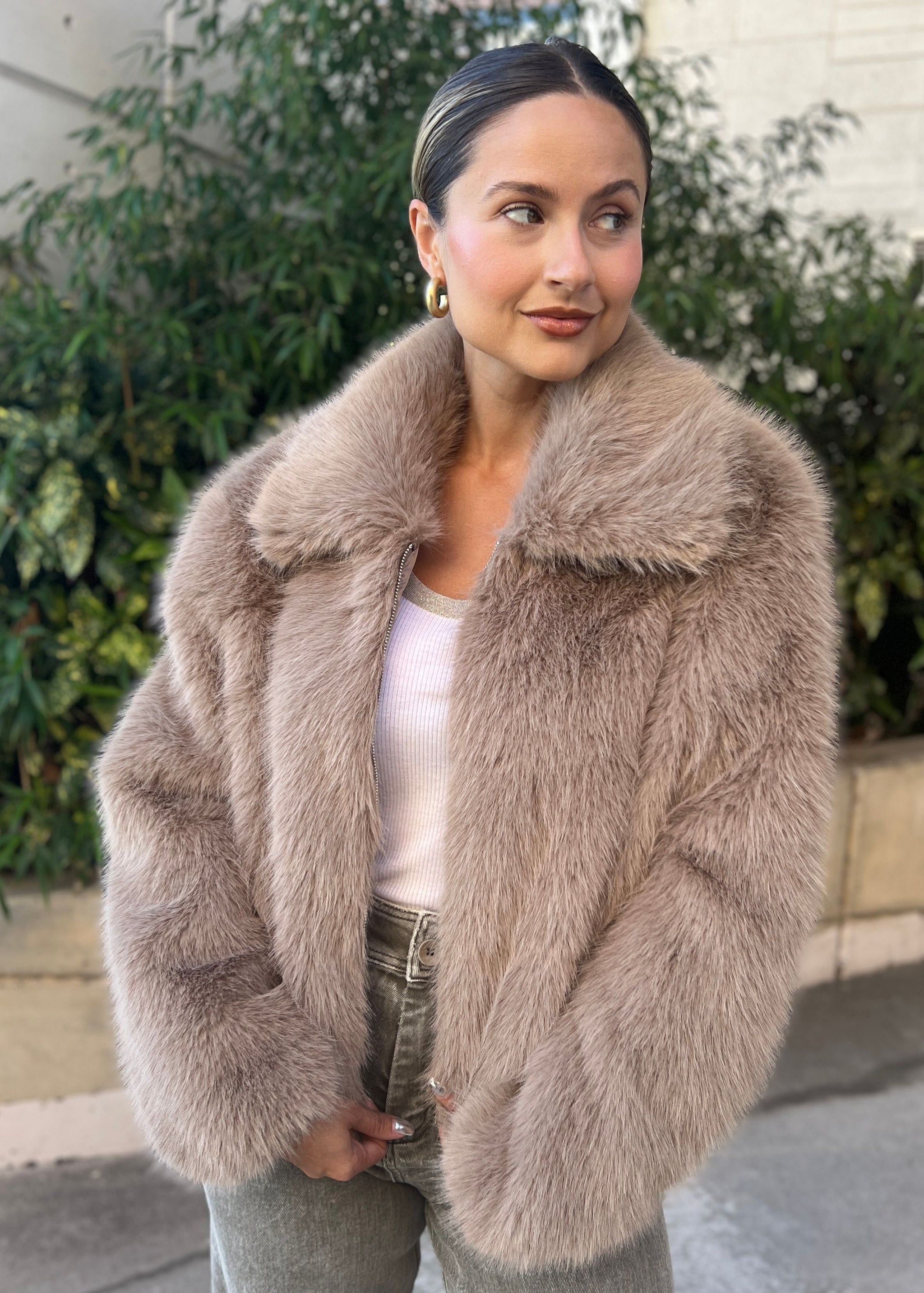 Emory Faux Fur Plush Zip Up Coat - Taupe – Benaar LA Emory Faux Fur Plush Zip Up Coat - Taupe – Benaar LA