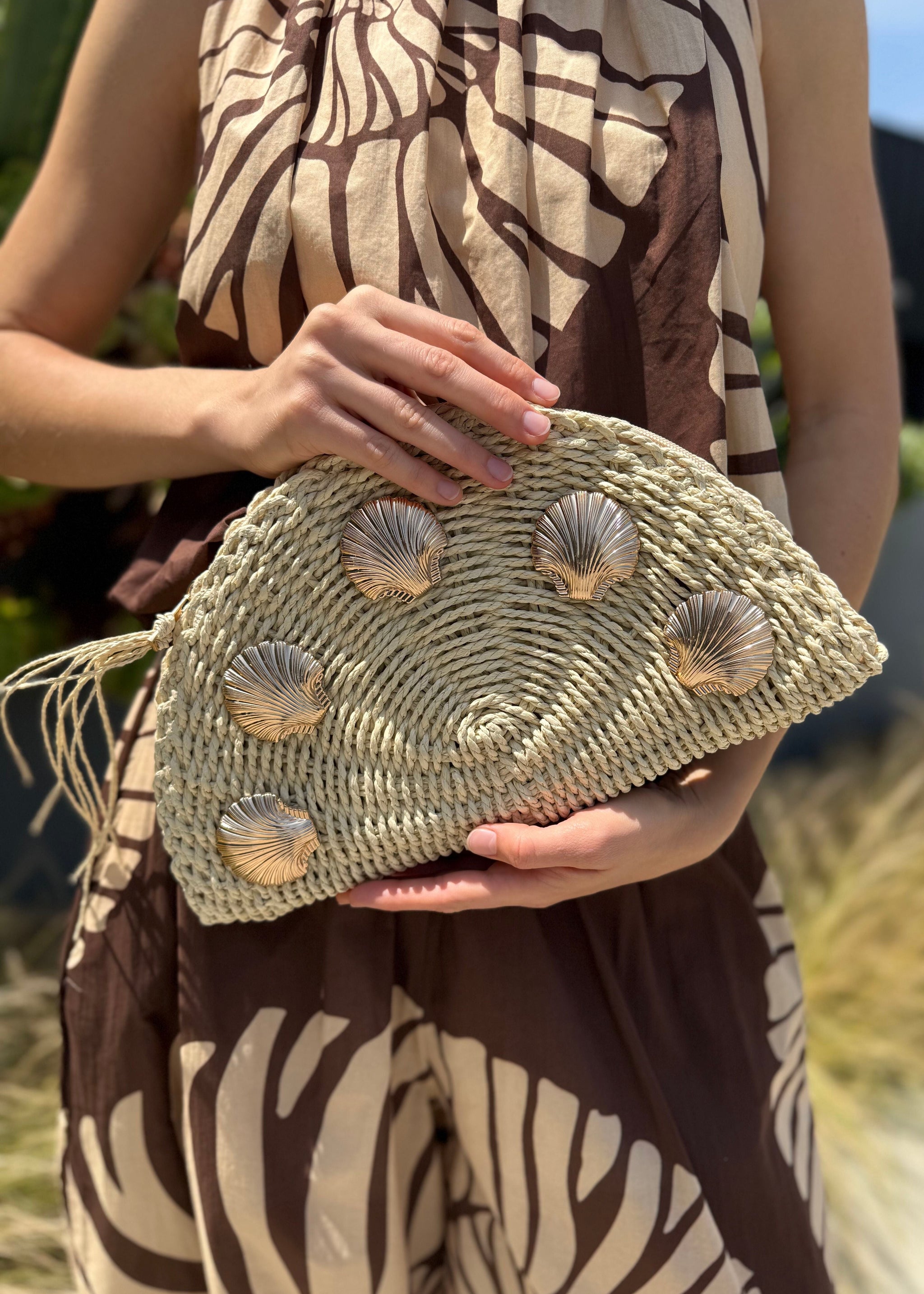 Helen Straw Half-Moon Clutch with Shell Embellishments – Benaar LA