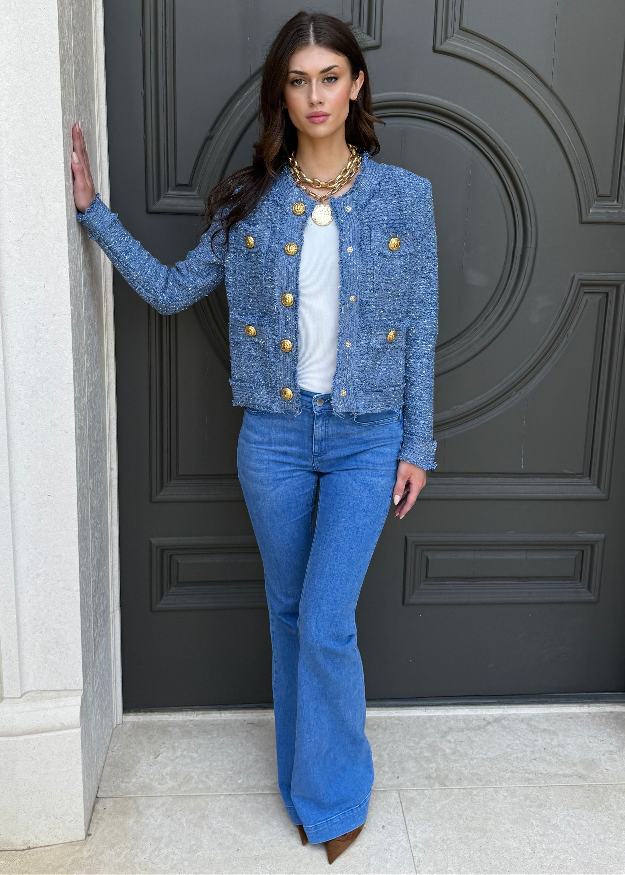 Bethany Tweed Jacket with Gold Buttons - Blue – Benaar LA