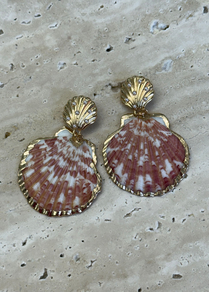 Shell-shaped earrings with gold accents on a textured surface