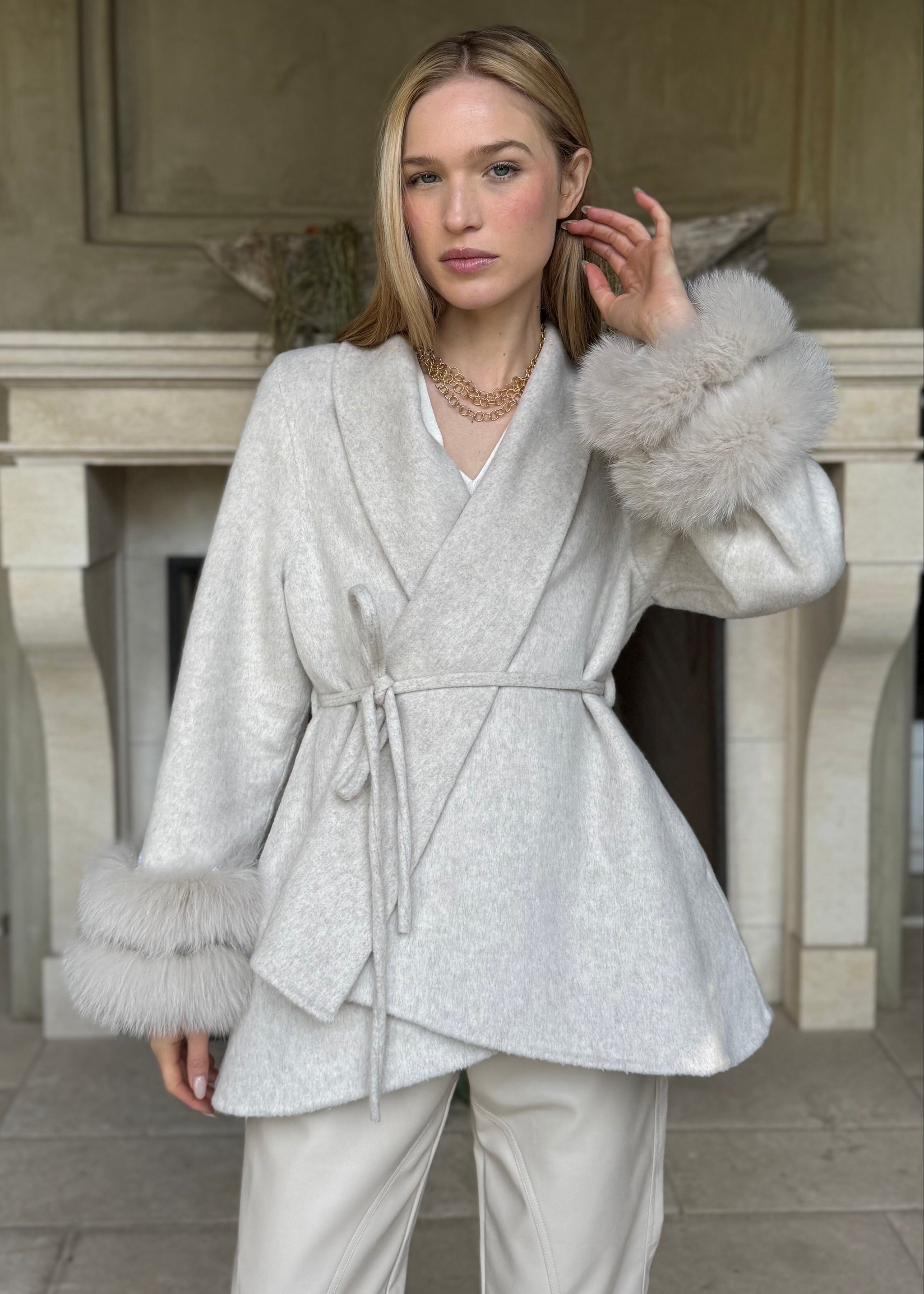 Elsie Light Taupe Wool Cardigan Coat with Detachable Fur Cuffs
