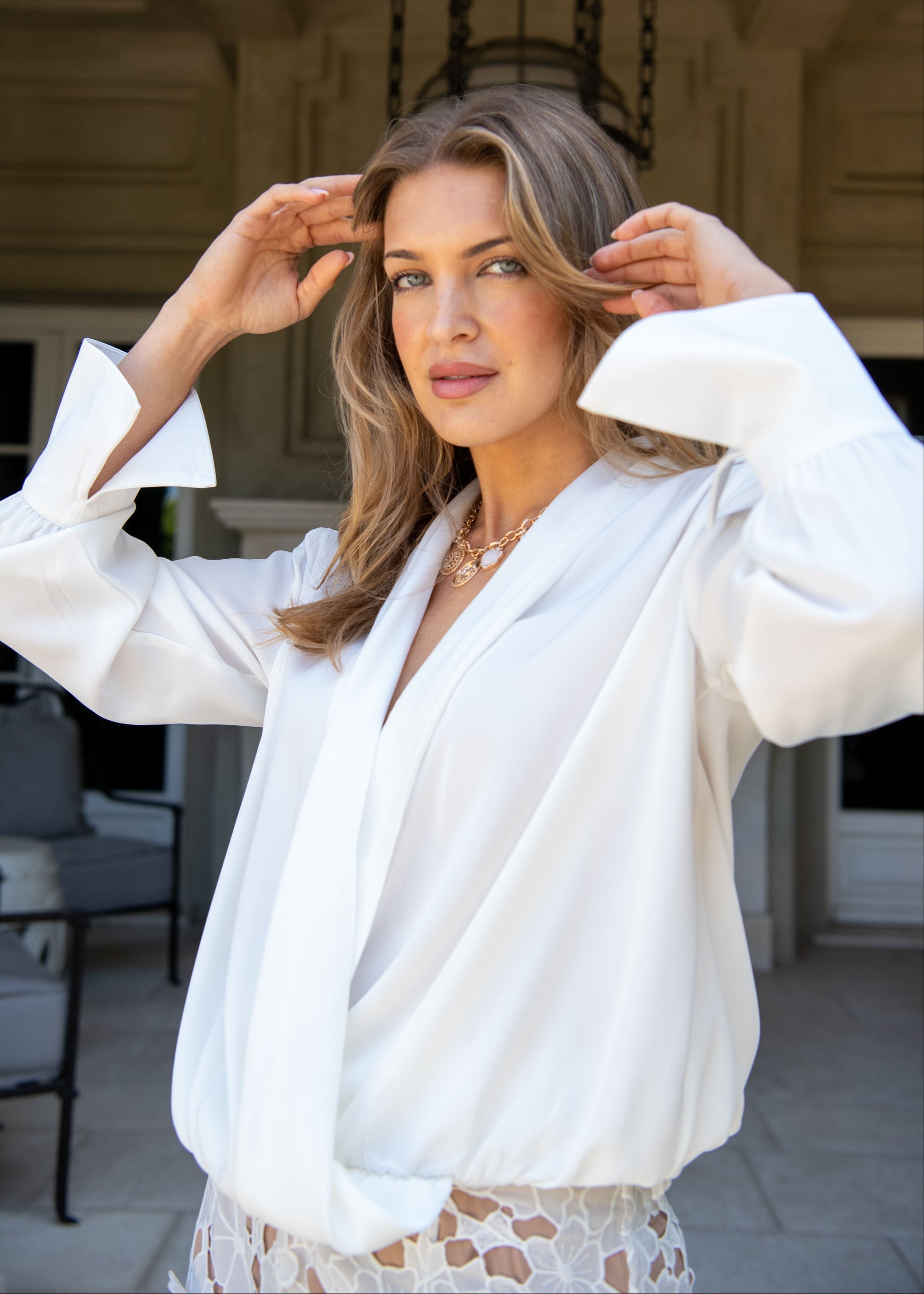 トップス theredthread S front belt blouse white Doretta Draped Satin Long Sleeve Wrap Top - White – Benaar LA