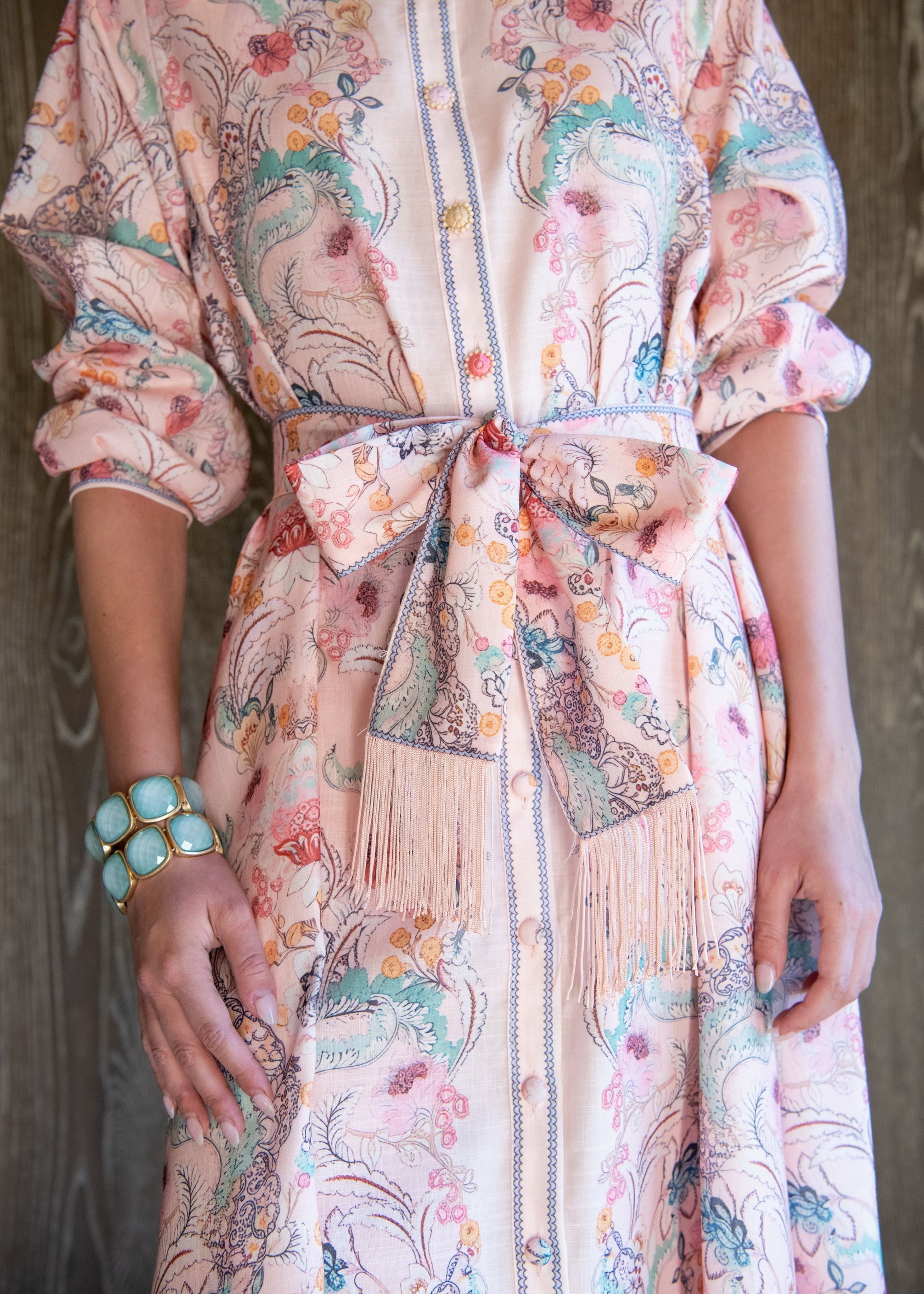 Irina Long Sleeve Floral Maxi Dress with Belted Fringe Waist