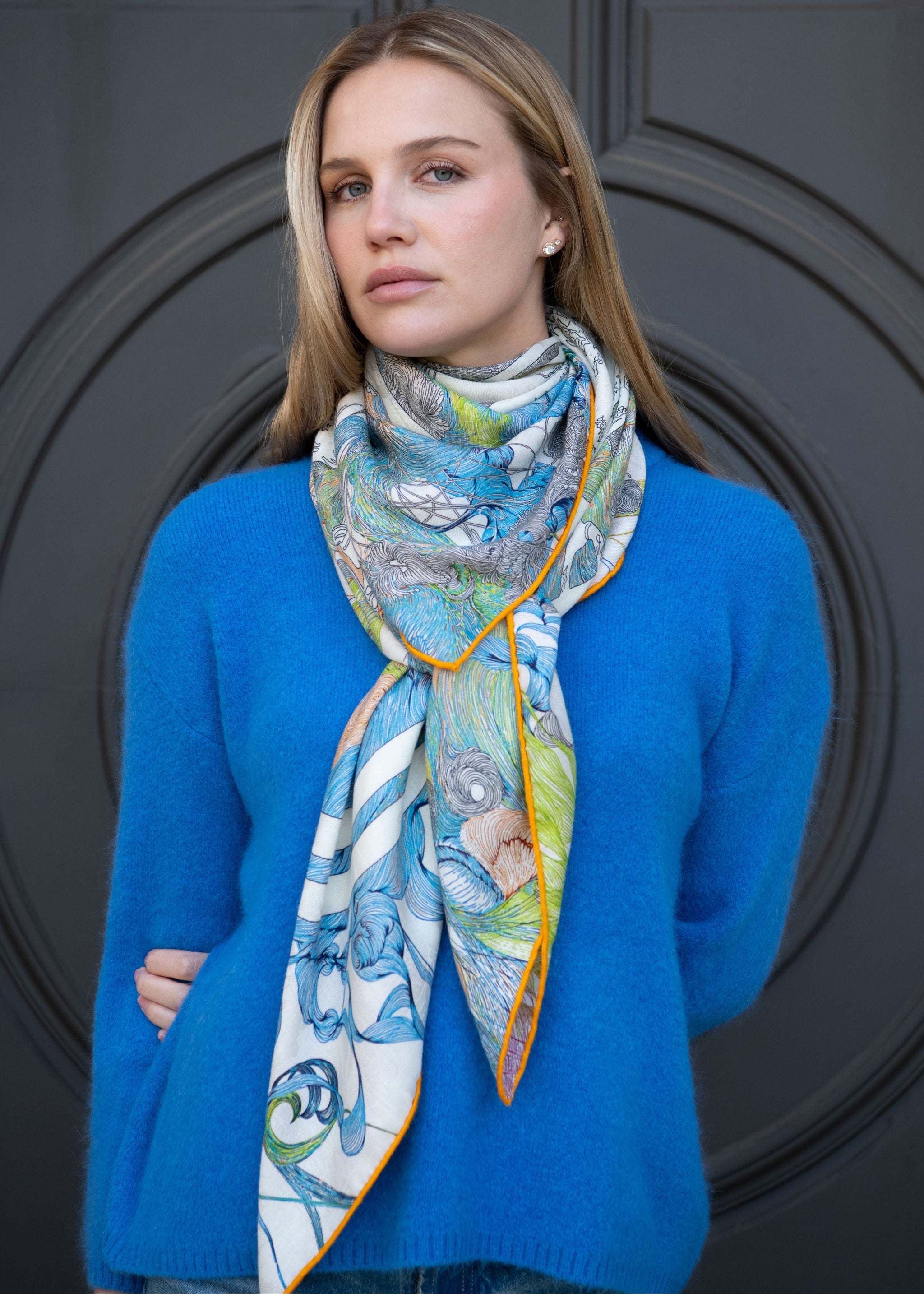 Aubrey Double Sided Multicolor Nature Print Scarf - Teal and Pink