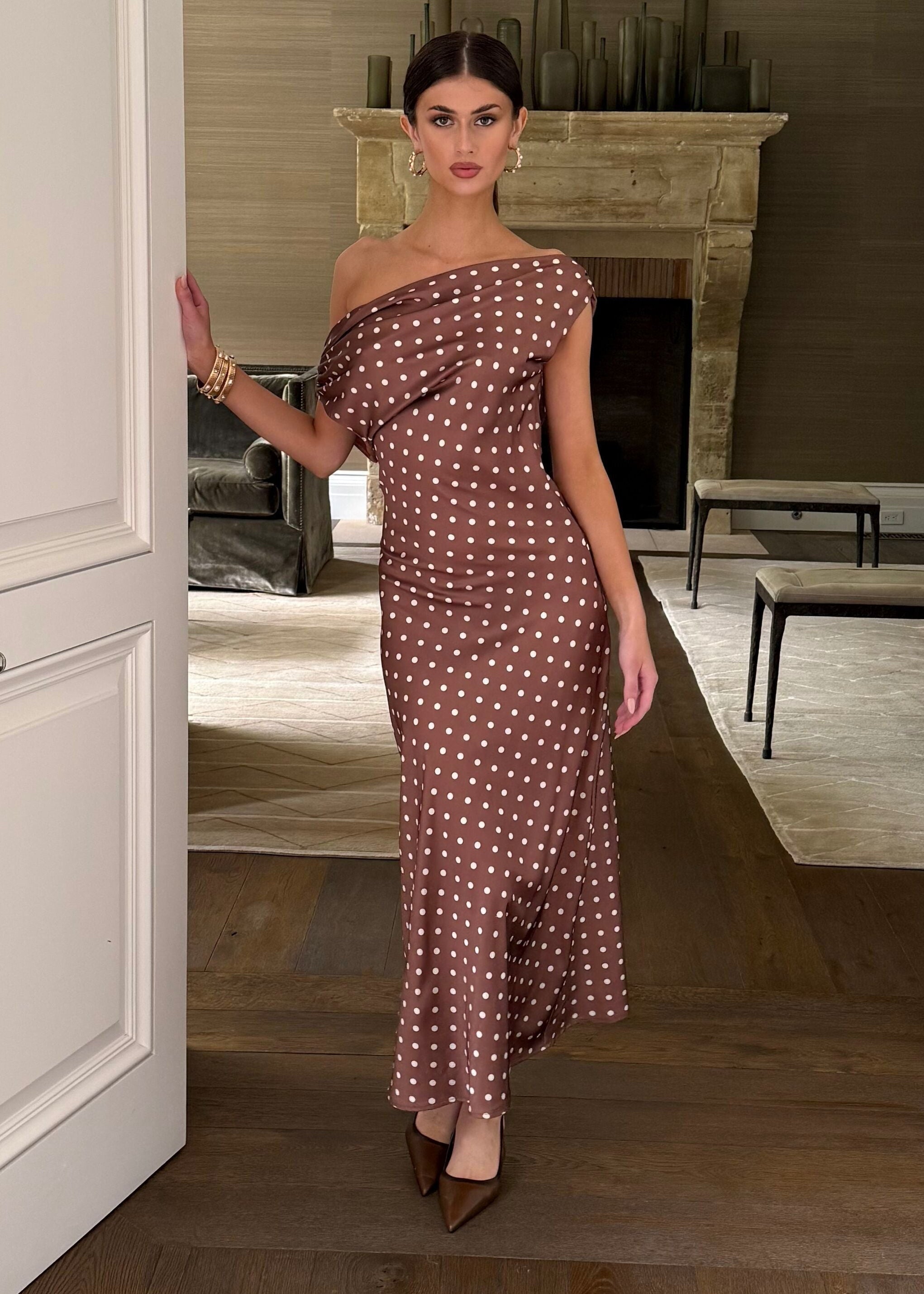 Valeria Chocolate Polka Dot Off The Shoulder Maxi Dress - Small Valeria Chocolate Polka Dot Off The Shoulder Maxi Dress - Small