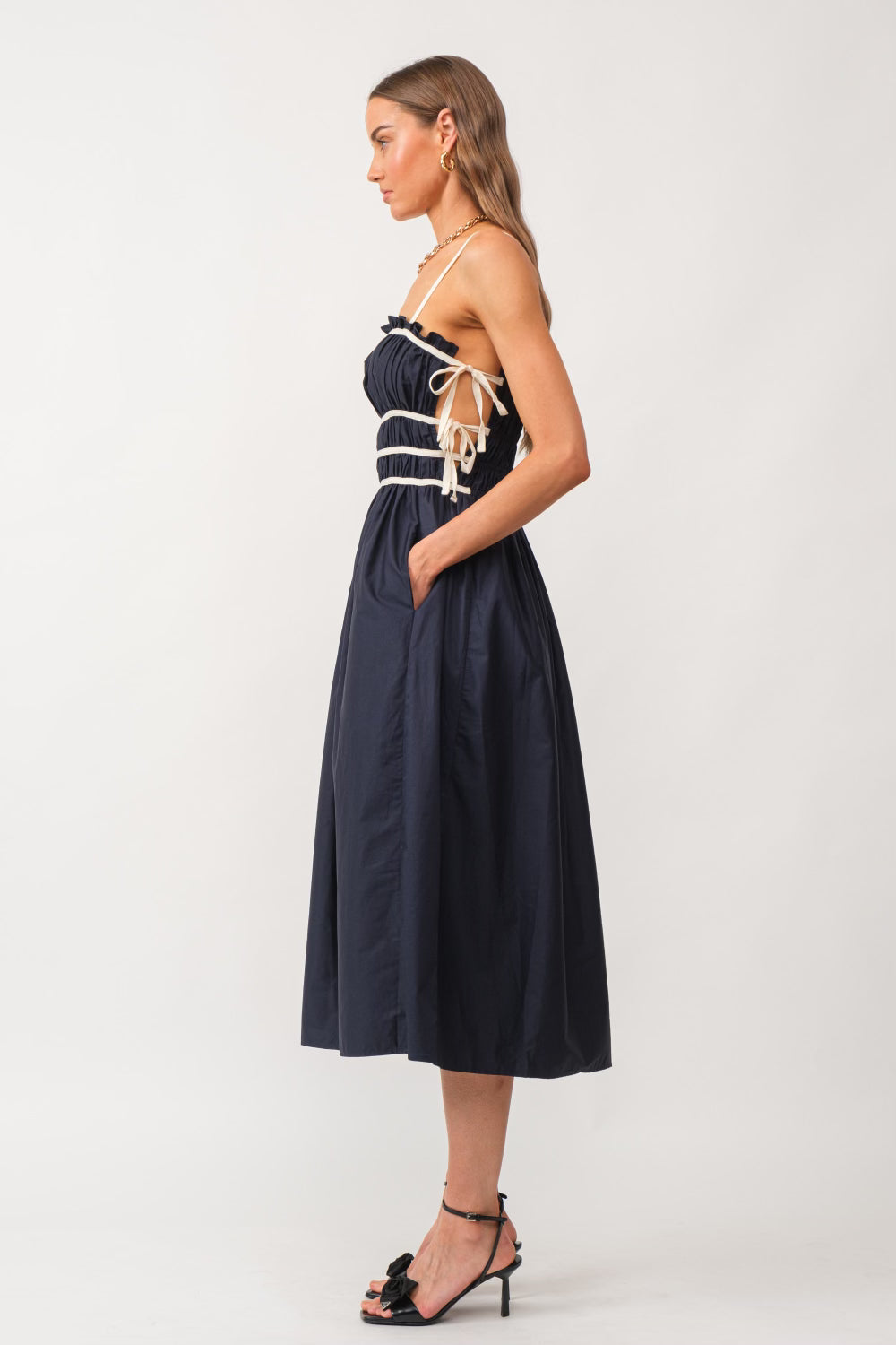Lena Midi Dress with Side Ties-Navy Medium/Large Lena Midi Dress with Side Ties-Navy Medium/Large