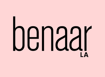 Black 'benaar LA' text on a pink background