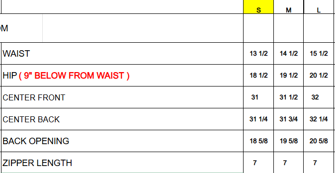 Measurement chart for clothing sizes S, M, L with highlighted waist and hip measurements.