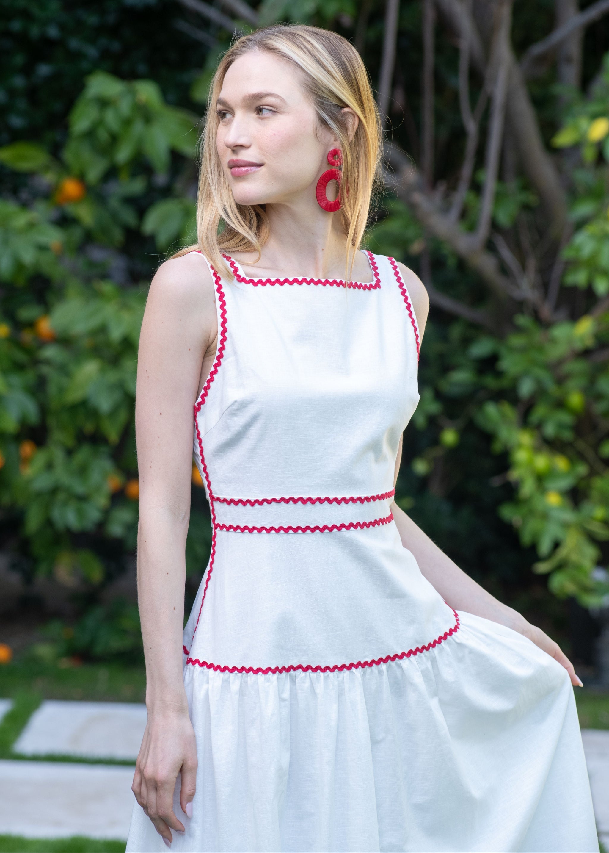 Greta Sleeveless Square Neck White Midi Dress Ricrac Trim X-Small