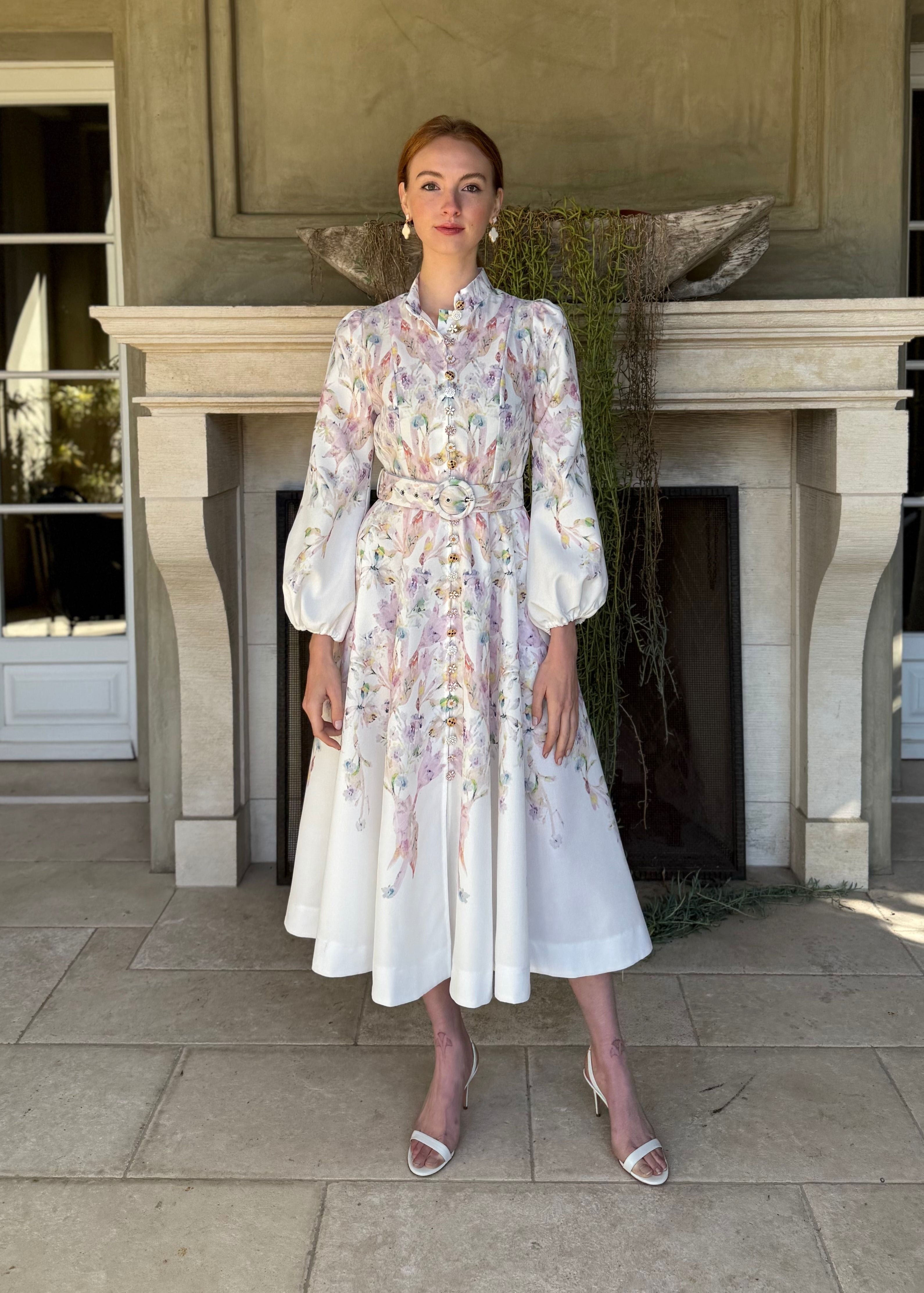 Moira Long Puff Sleeve Multicolor Floral Midi Dress Benaar LA Moira Long Puff Sleeve Multicolor Floral Midi Dress Benaar LA