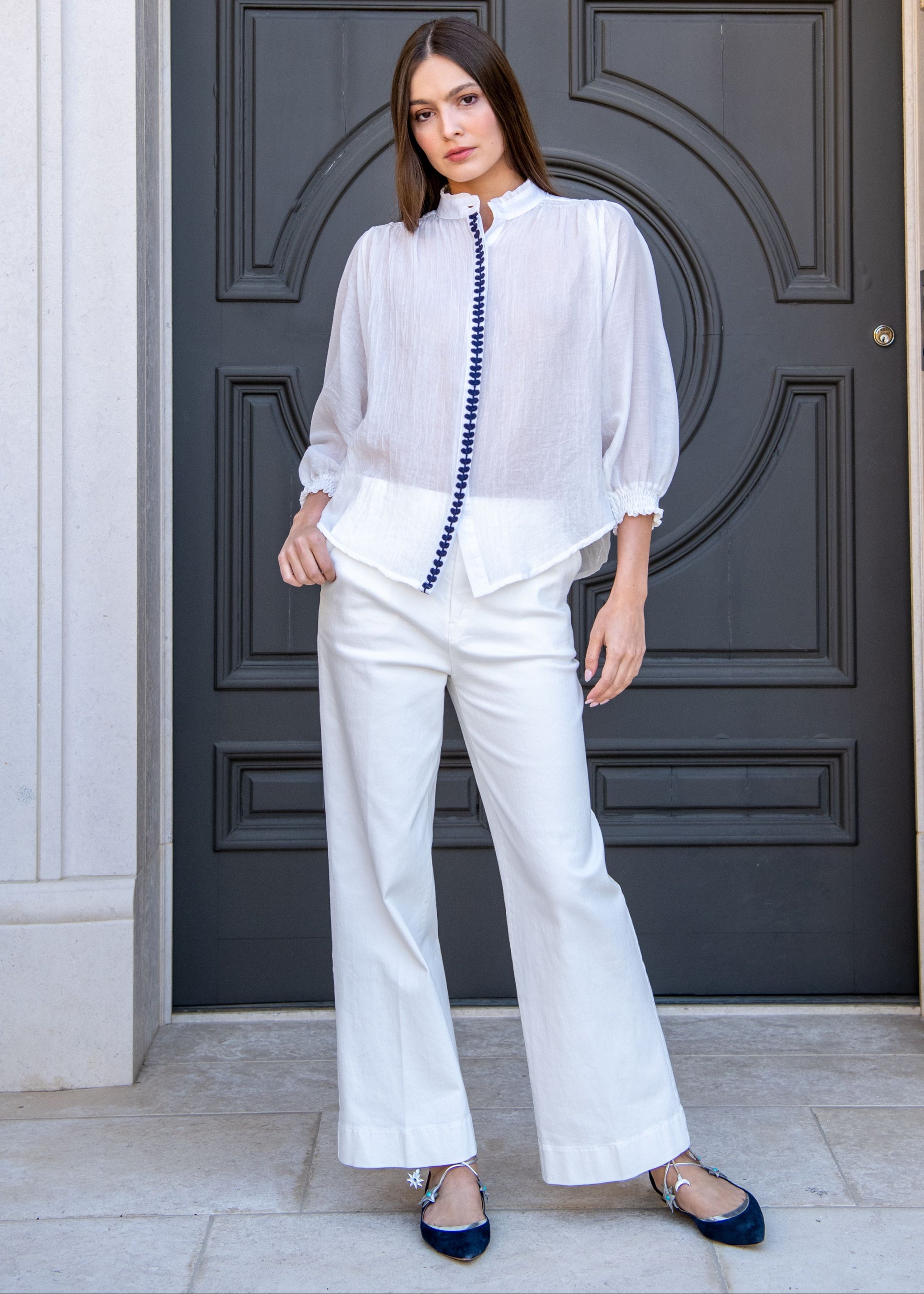 Marjorie Mock Neck Long sleeve Top with Embroidery - White – Benaar LA