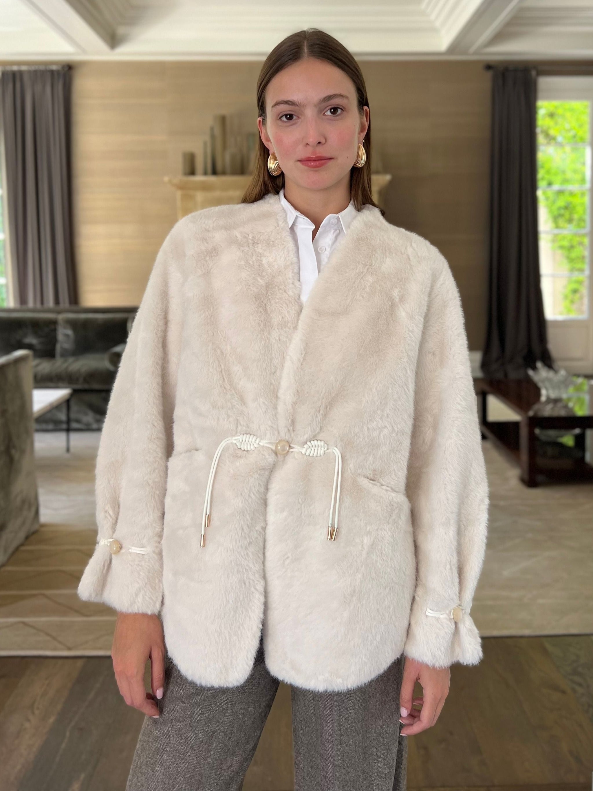 Clarisse Faux Fur Coat with Fishtail Braid Tie Detail - Cream