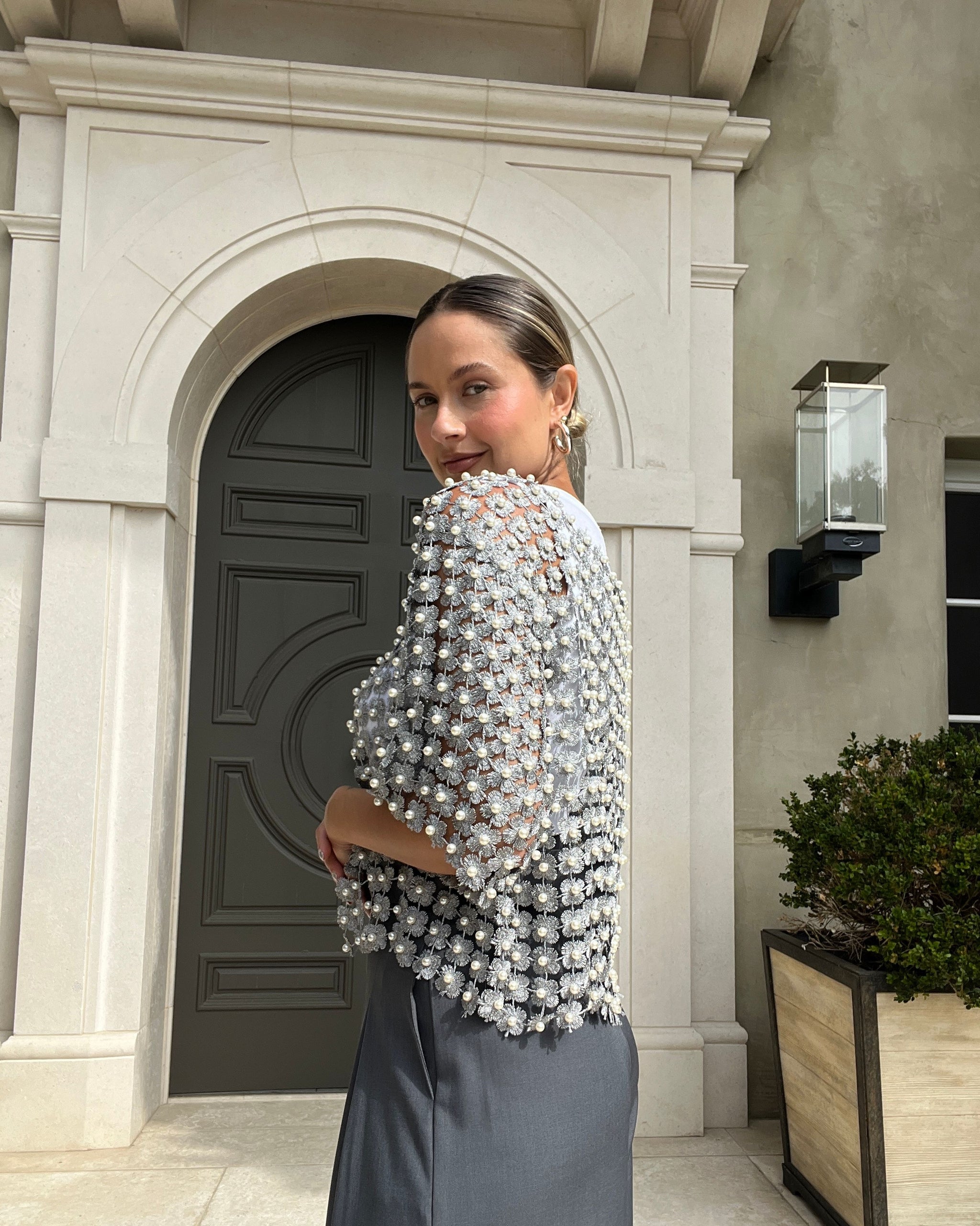 Jade Floral Pearl Cardigan Top - Silver – Benaar LA
