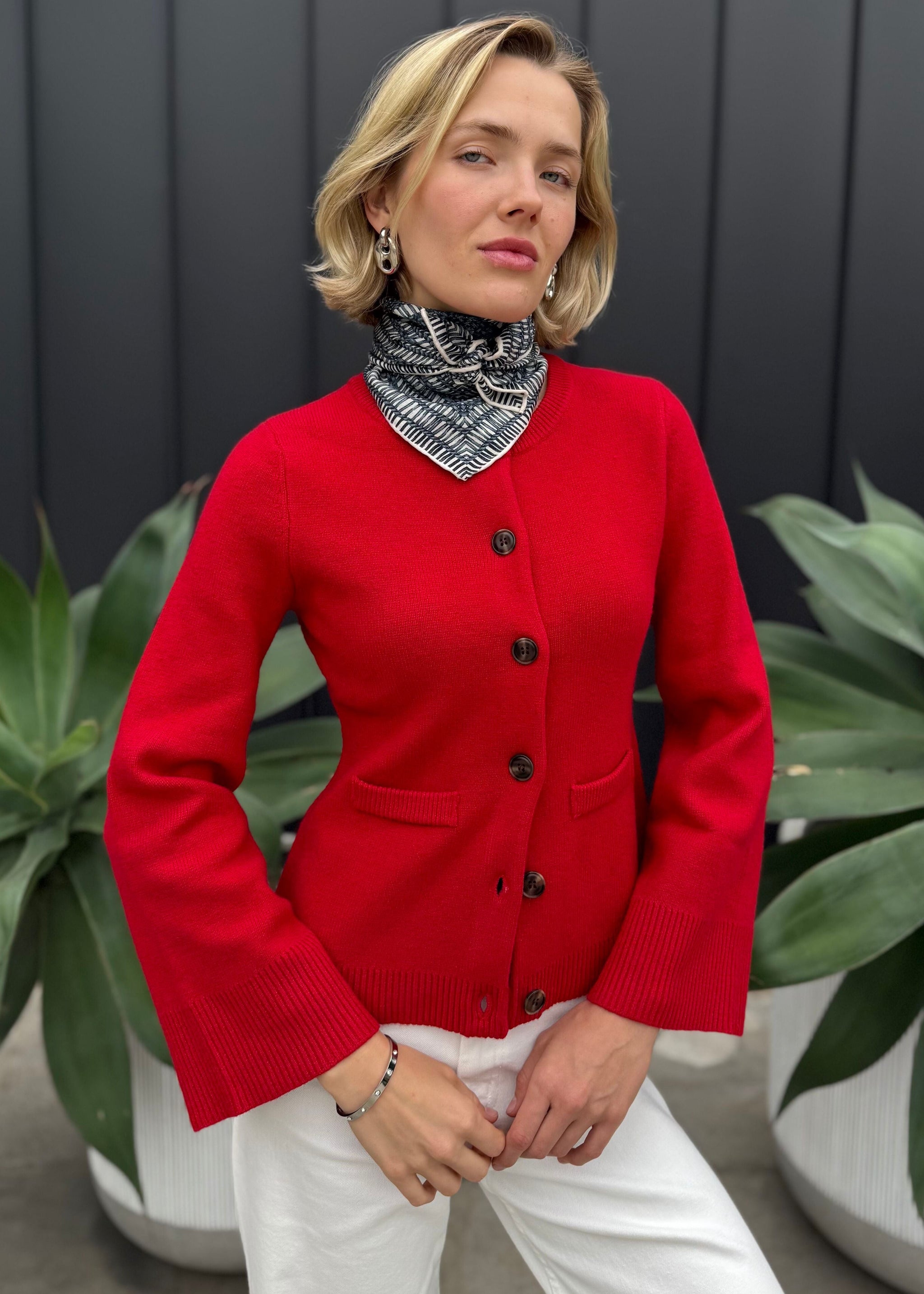 Maeve Long Flare Sleeve Knit Button Down Cardigan - Red – Benaar LA