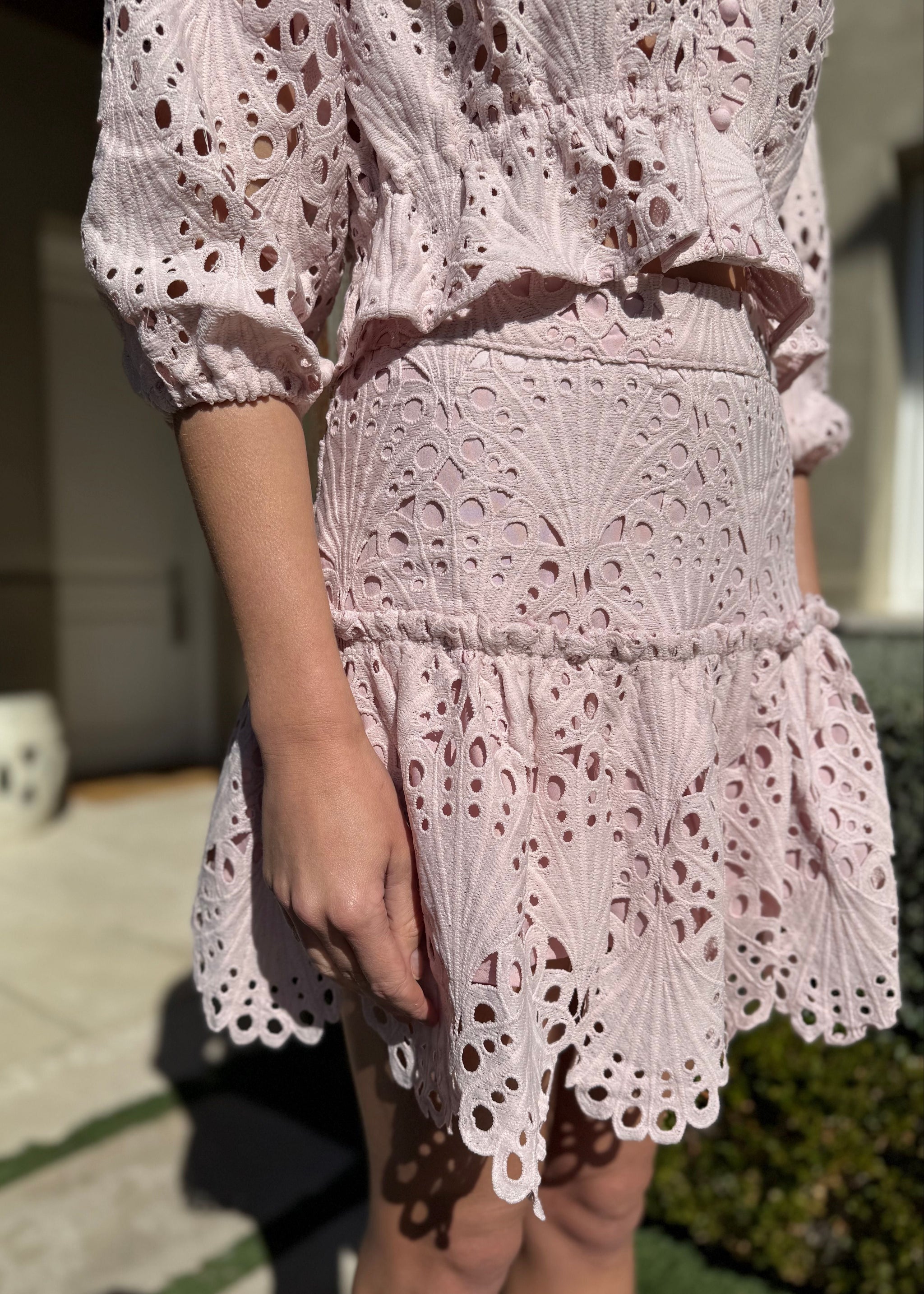 Sibel Light Pink Lace Drop Waist Scalloped Hem Mini Skirt