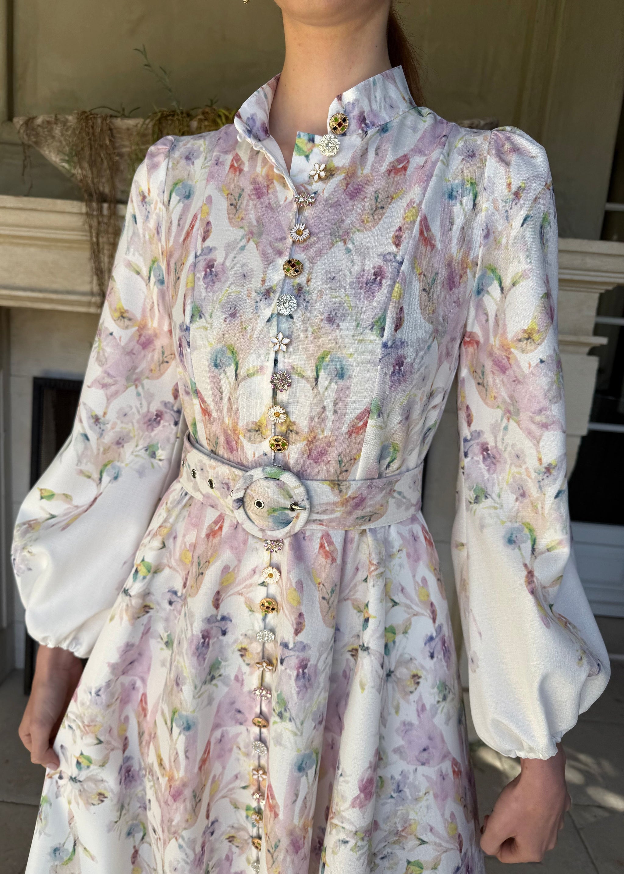 Moira Long Puff Sleeve Multicolor Floral Midi Dress – Benaar LA