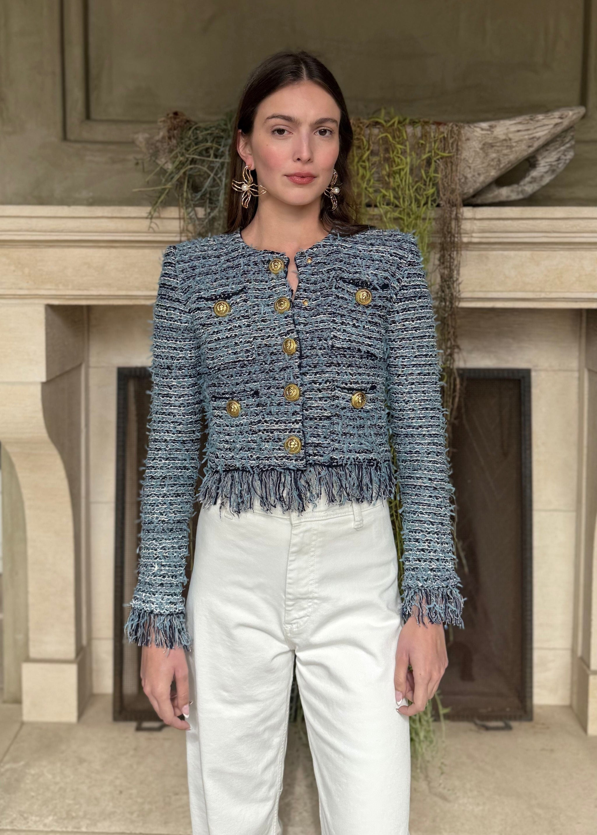 Justine Blue and Navy Fringe Cropped Cardigan Jacket – Benaar LA