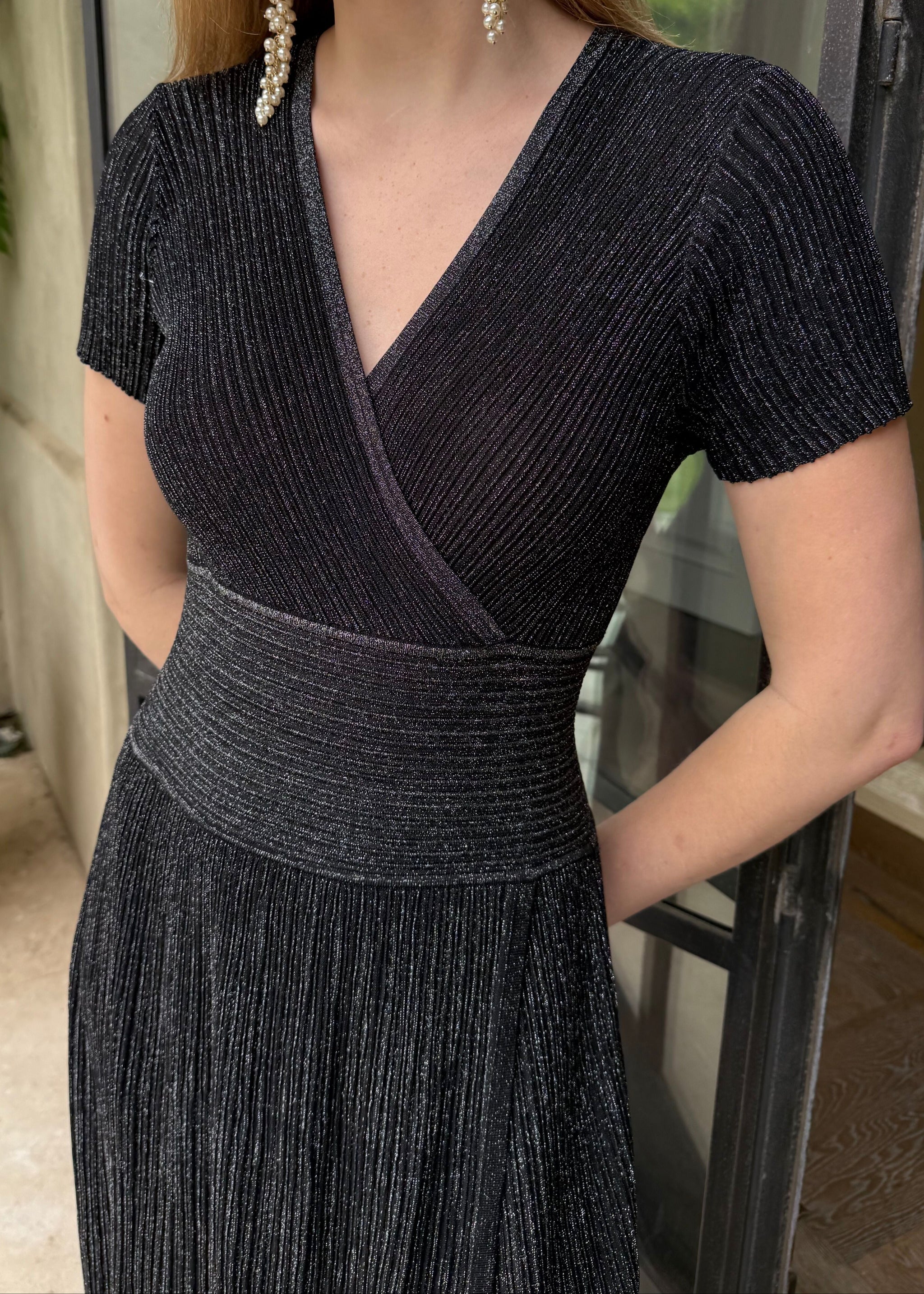 midi short sleeve cocktail dress Pleated V Neck A Line Midi Cocktail Dress