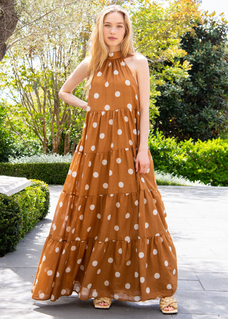 Rima Taupe Polka Dot Tiered Maxi Dress – Benaar LA