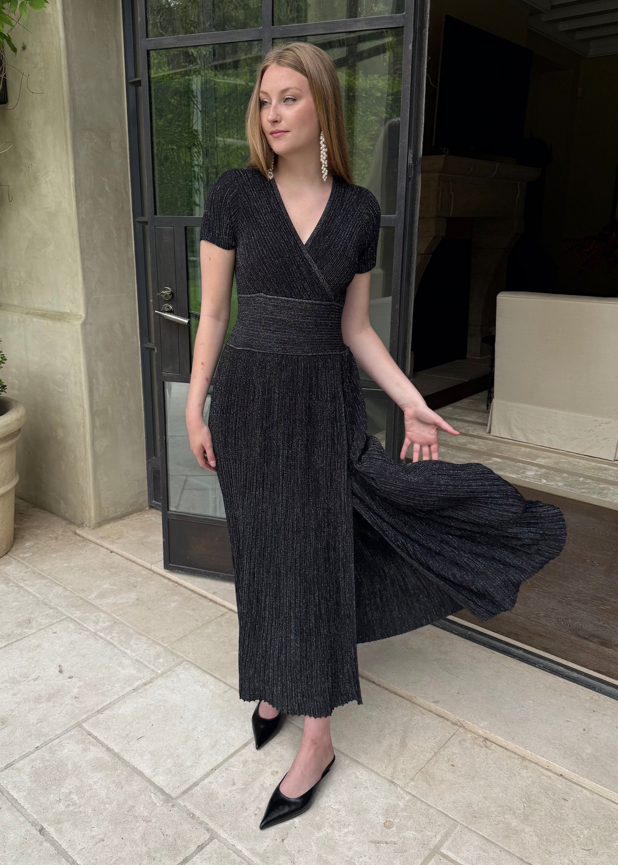 Estelle Shimmering Black Pleated Short Sleeve Midi Dress Benaar LA Estelle Shimmering Black Pleated Short Sleeve Midi Dress Benaar LA