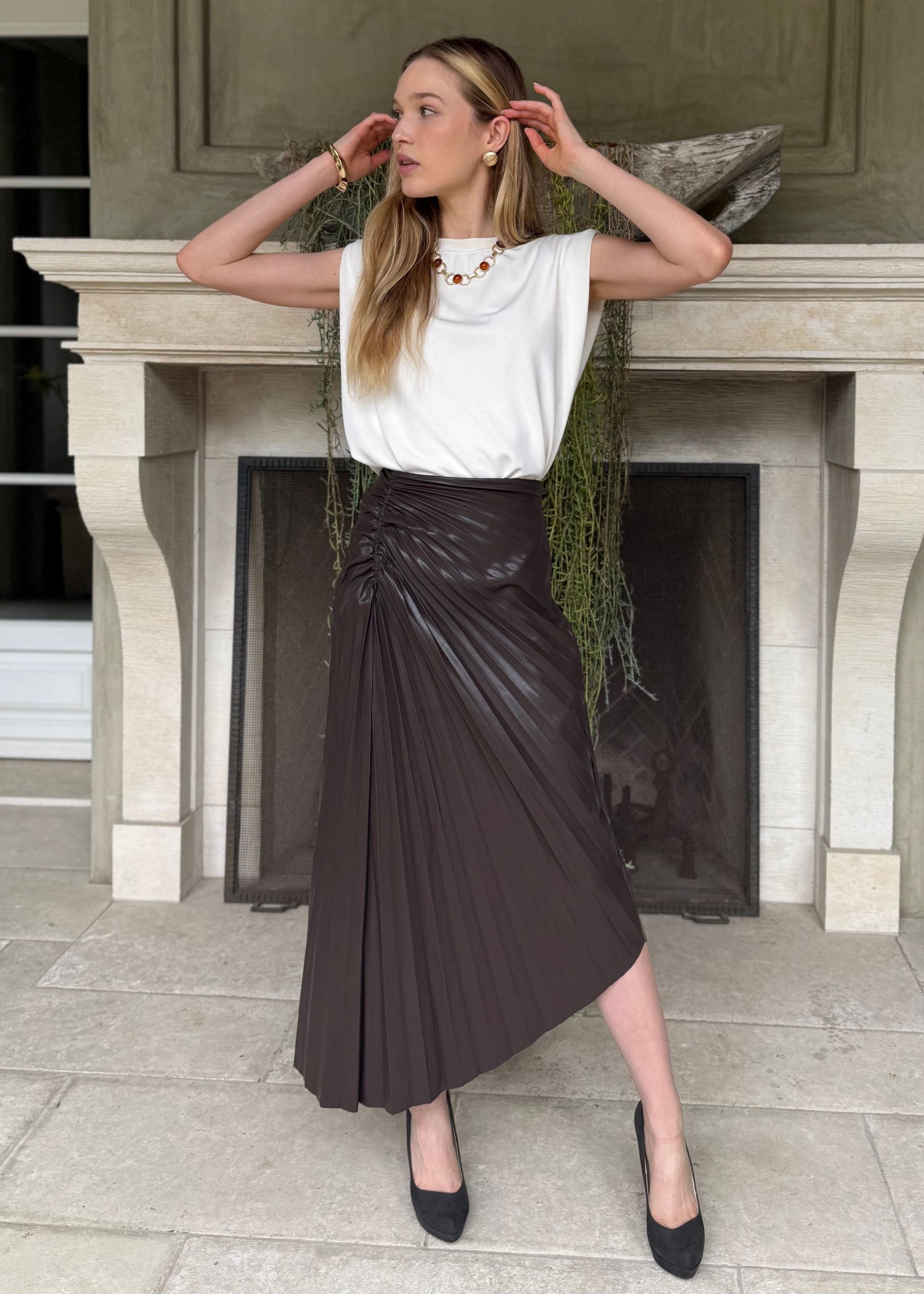 Brielle Brown Asymmetric Pleated Vegan Leather Midi Skirt Large