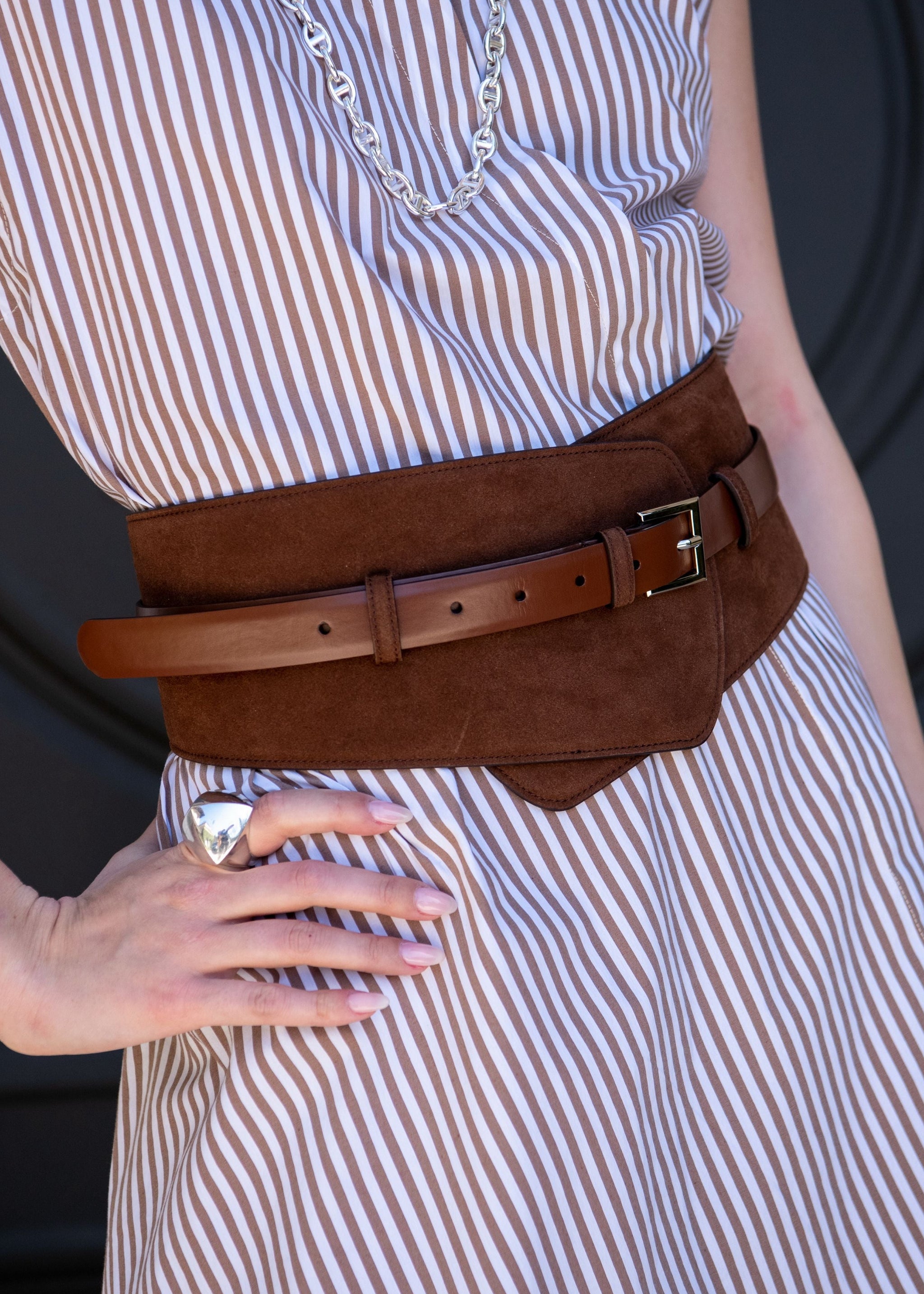 Worrh New York Belt Corset Double Buckle Wide Equestrian Camel Tan Brown Bronze Ashton Brown Suede and Leather Wide Corset Cinch Belt  main image 2