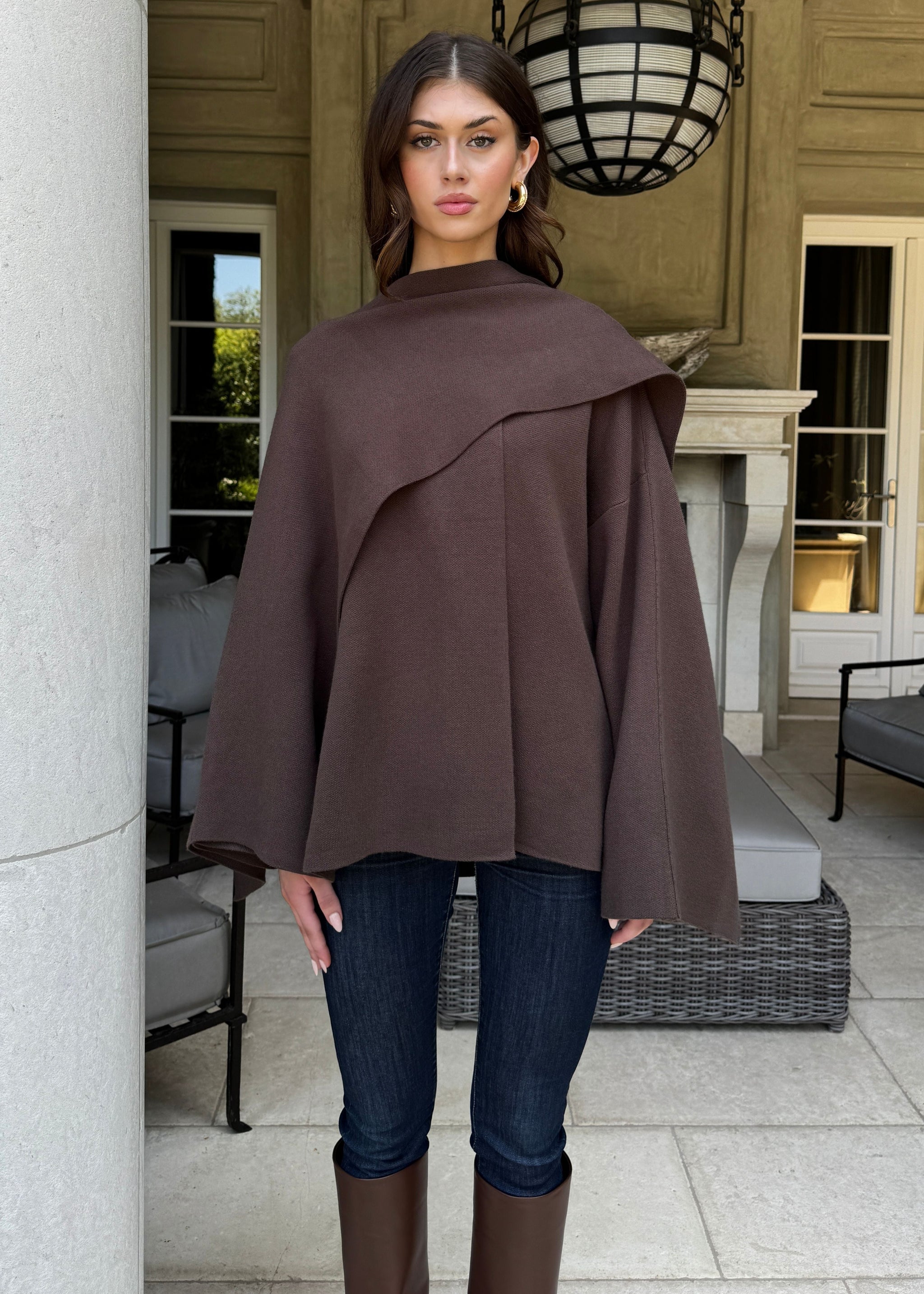 Adira Asymmetrical Cape Jacket with Attached Shawl - Espresso