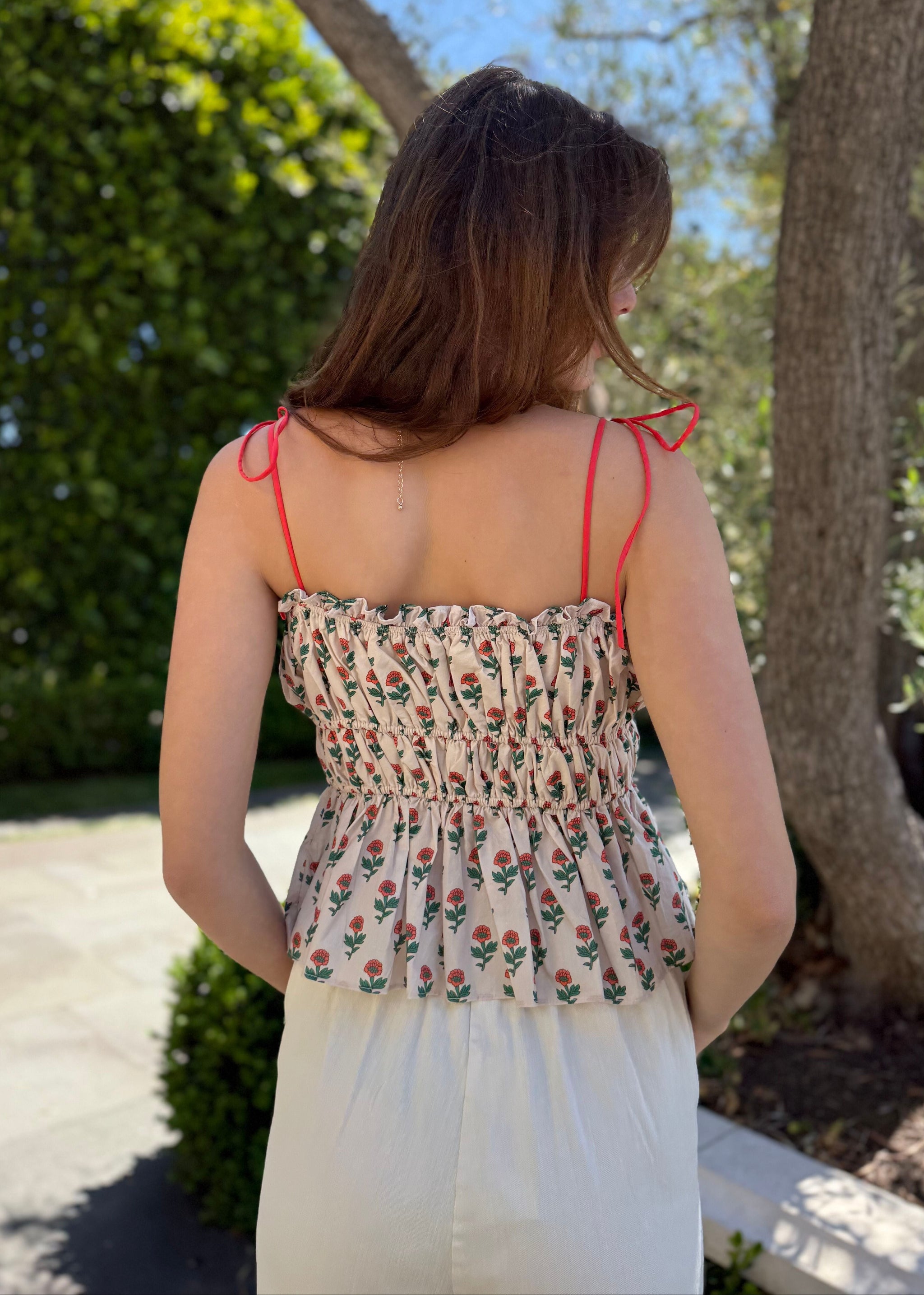Poppy Floral Smocked Peplum Tie-Strap Tank Top – Benaar LA