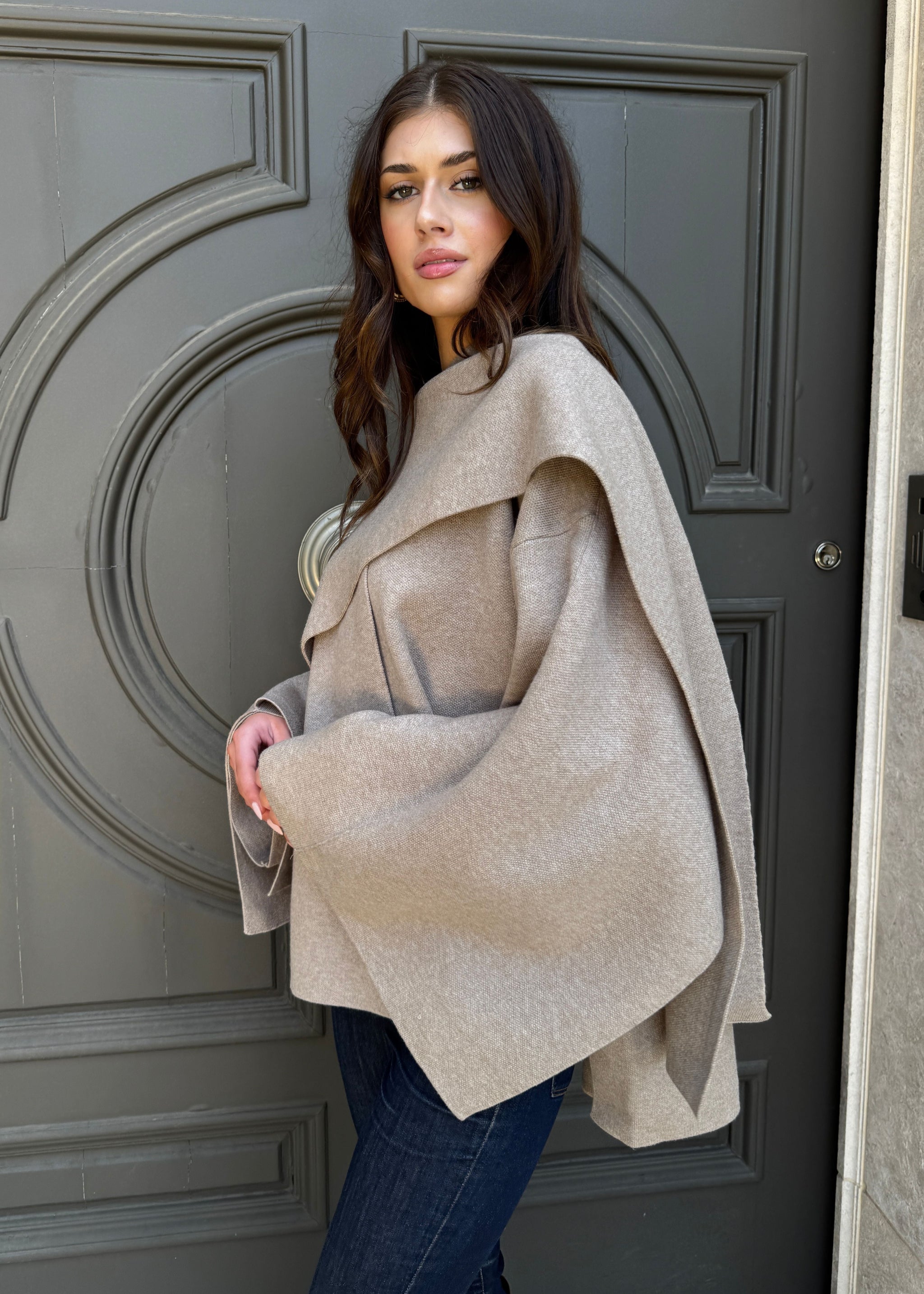 Adira Asymmetrical Cape Jacket with Attached Shawl - Beige – Benaar LA
