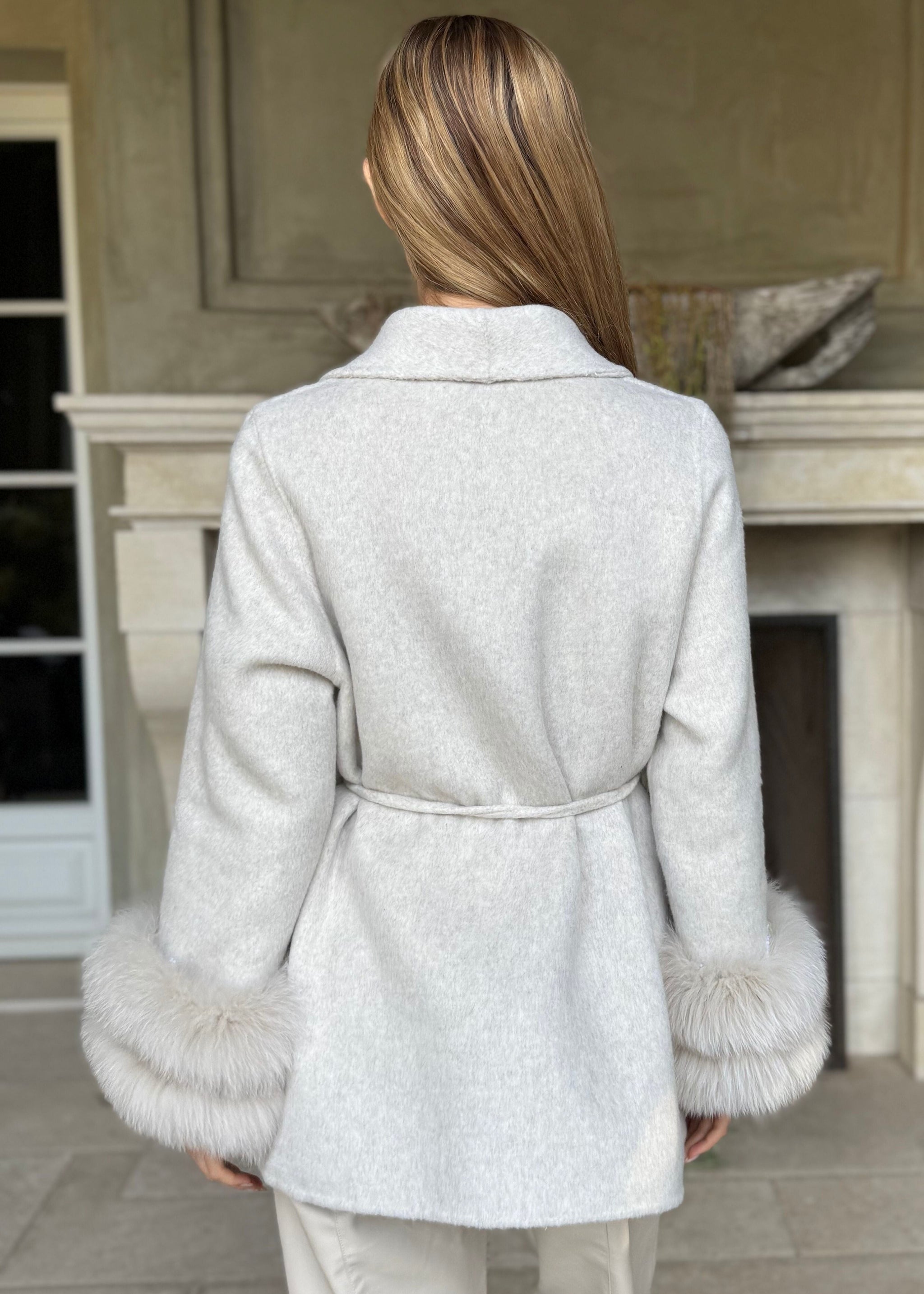 Elsie Light Taupe Wool Cardigan Coat with Detachable Fur Cuffs
