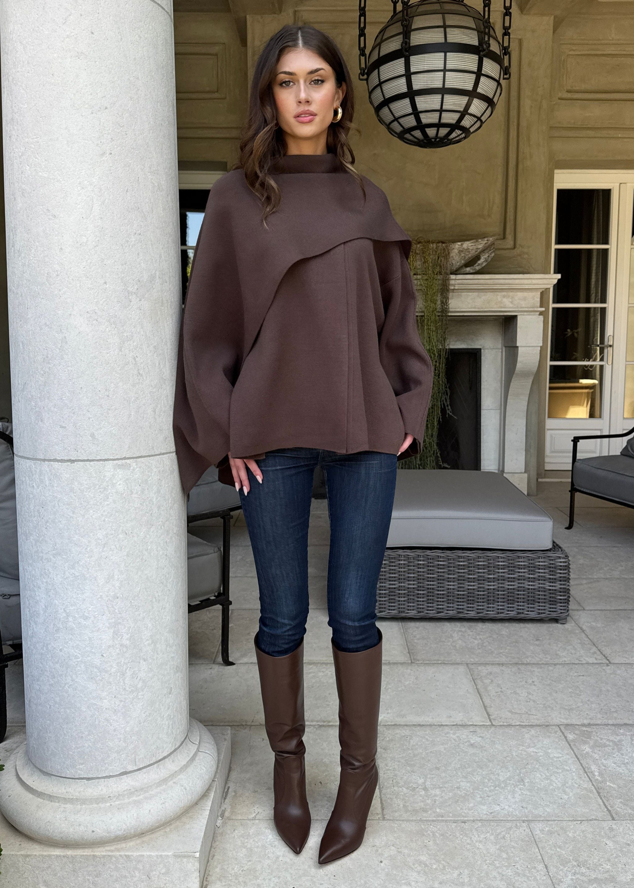 Adira Asymmetrical Cape Jacket with Attached Shawl - Espresso