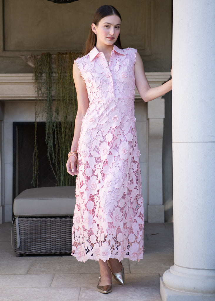 Delphia Collared Floral Lace Maxi Dress - Light Pink – Benaar LA