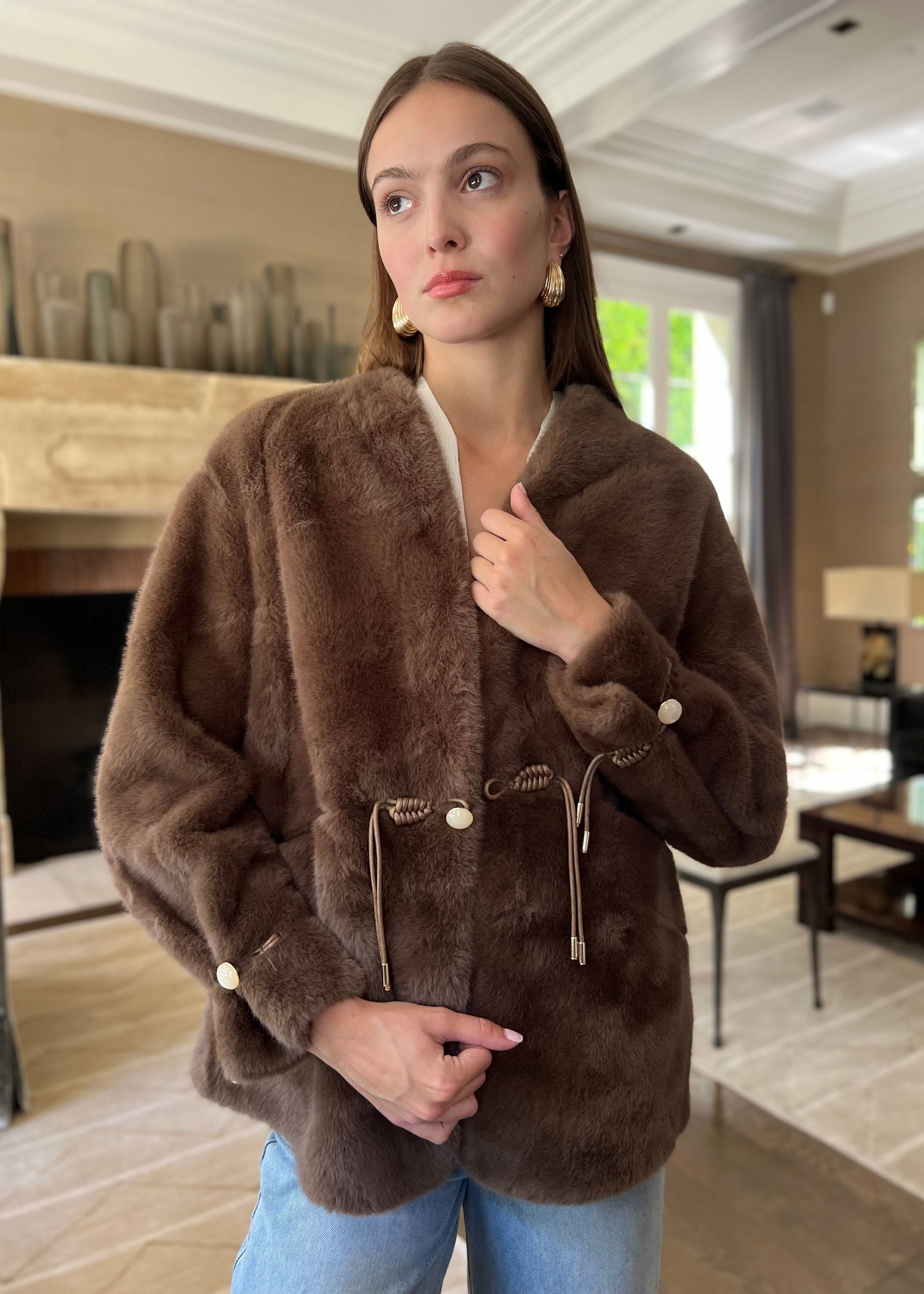 Clarisse Faux Fur Coat with Fishtail Braid Tie Detail - Cream