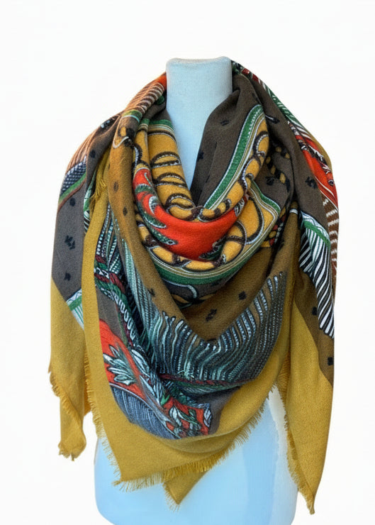 Colorful patterned scarf on a mannequin in a store setting