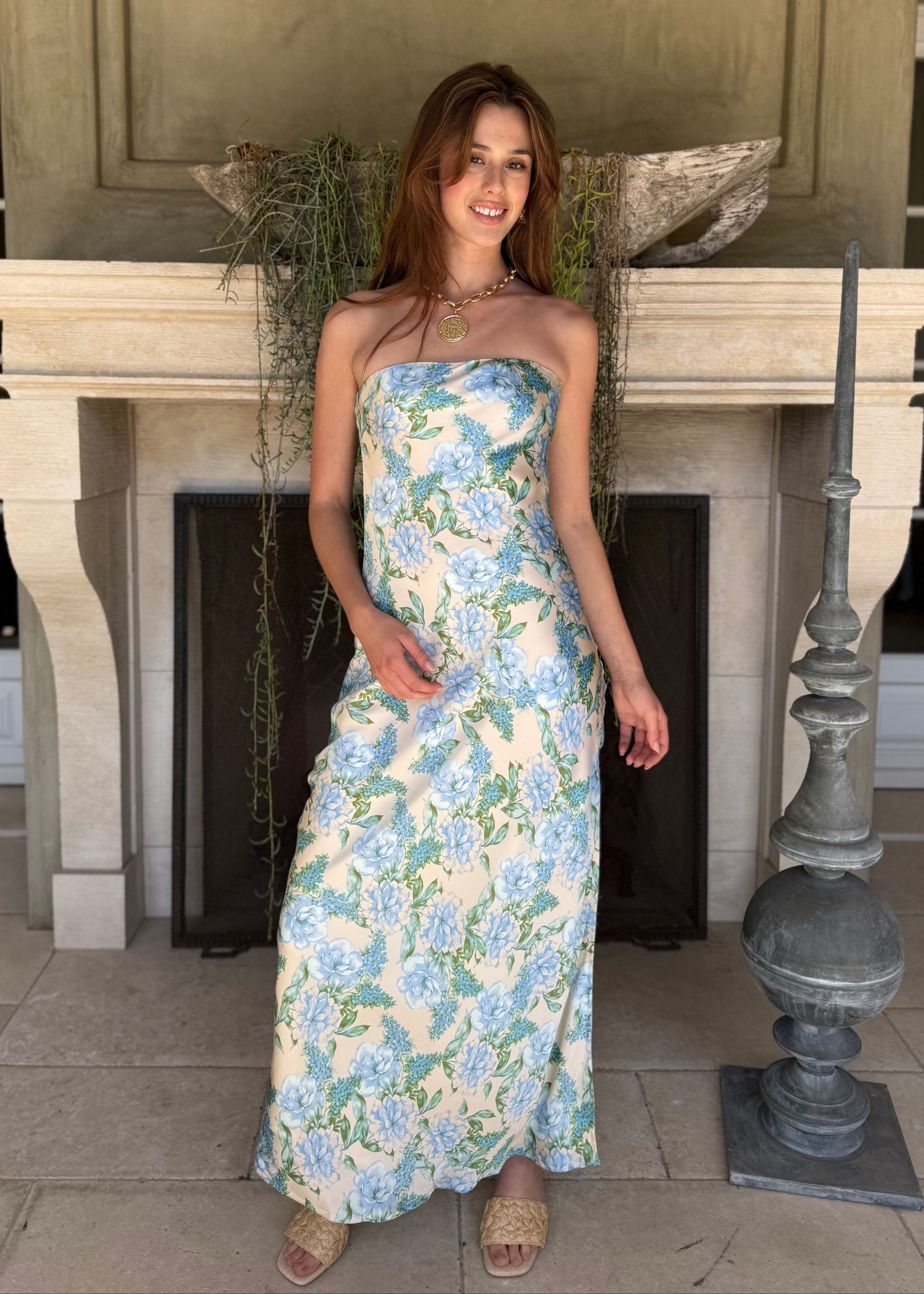 Aria Blue Floral Strapless Maxi Dress with Side Slit - Small Aria Blue Floral Strapless Maxi Dress with Side Slit - Small