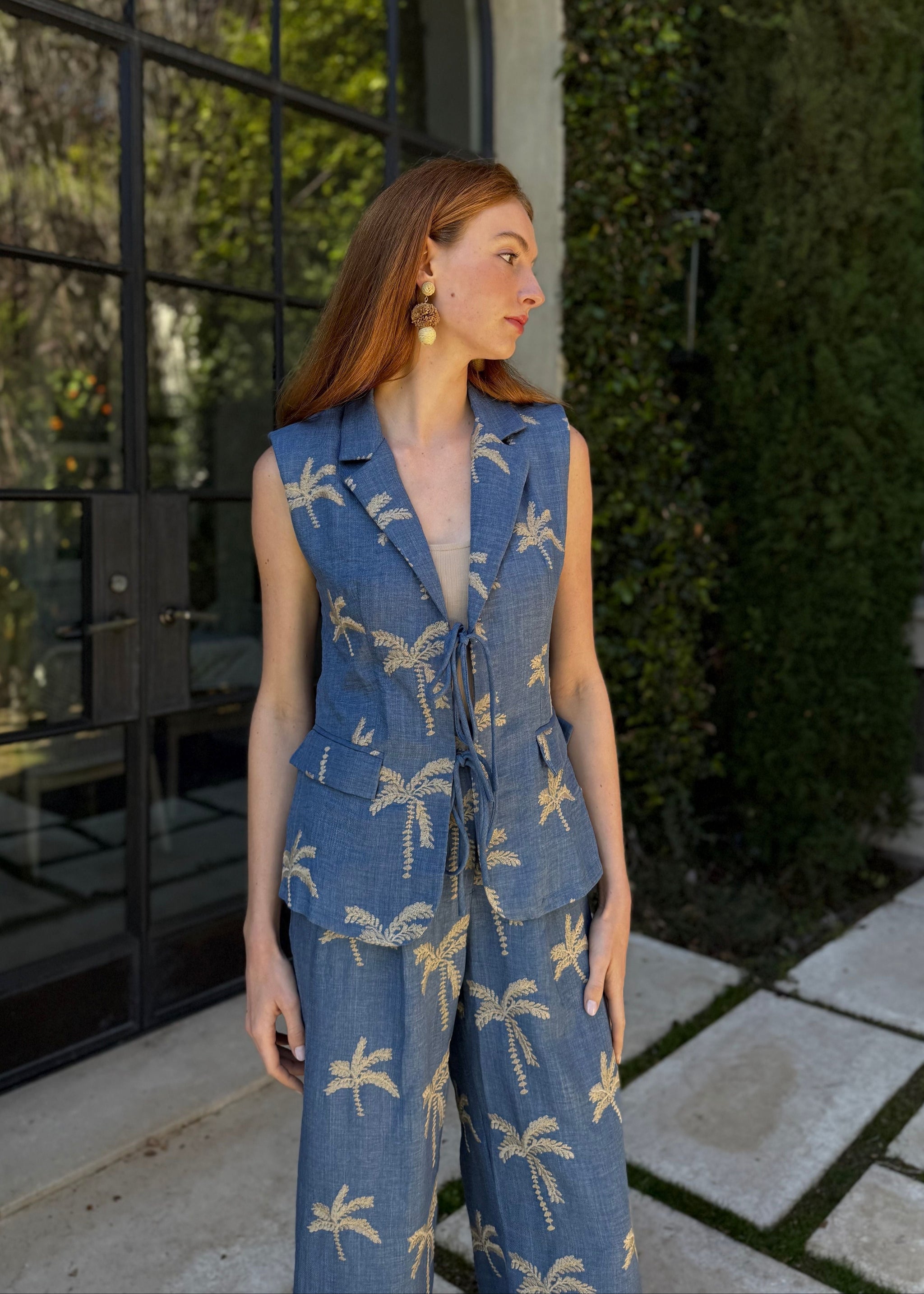 Peggy Palm Tree Embroidery Denim Front Tie Vest – Benaar LA