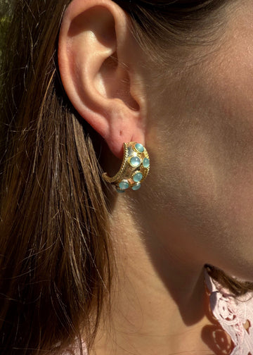 Close-up of a woman wearing gold earrings with turquoise stones, outdoors.