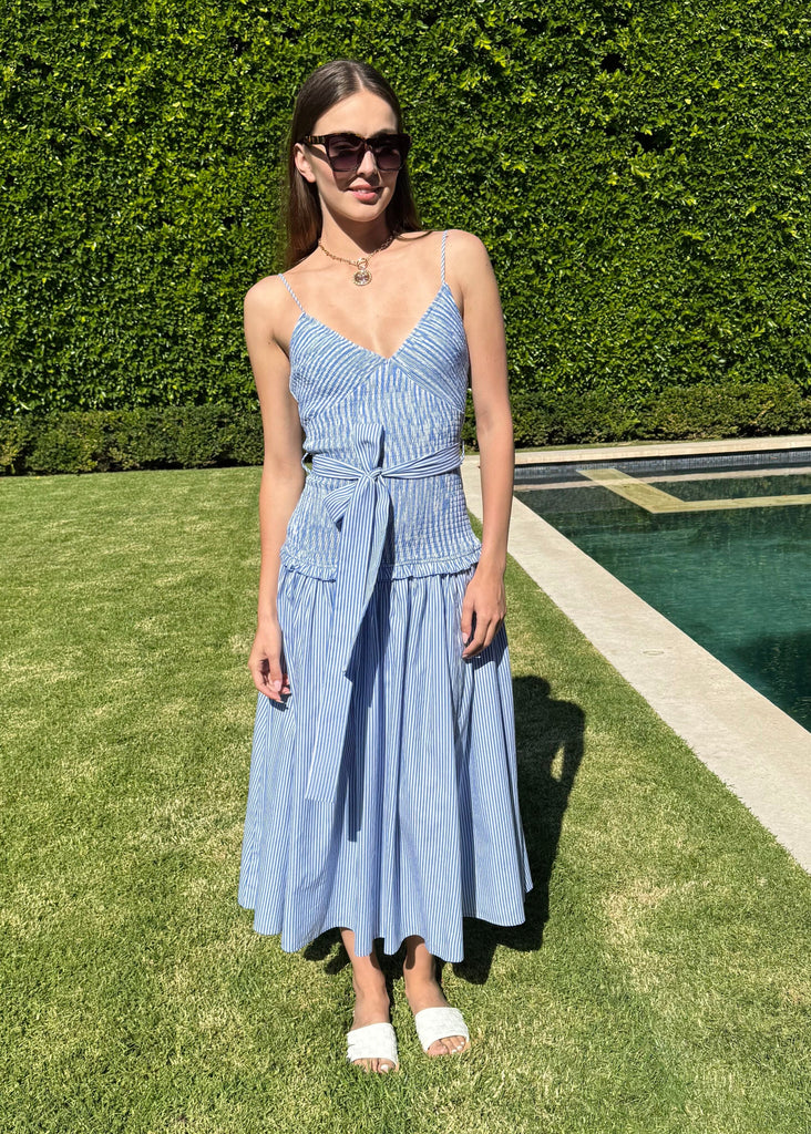 Dorothy Smocked Bodice Drop Waist Blue and White Striped Midi Dress – Benaar LA