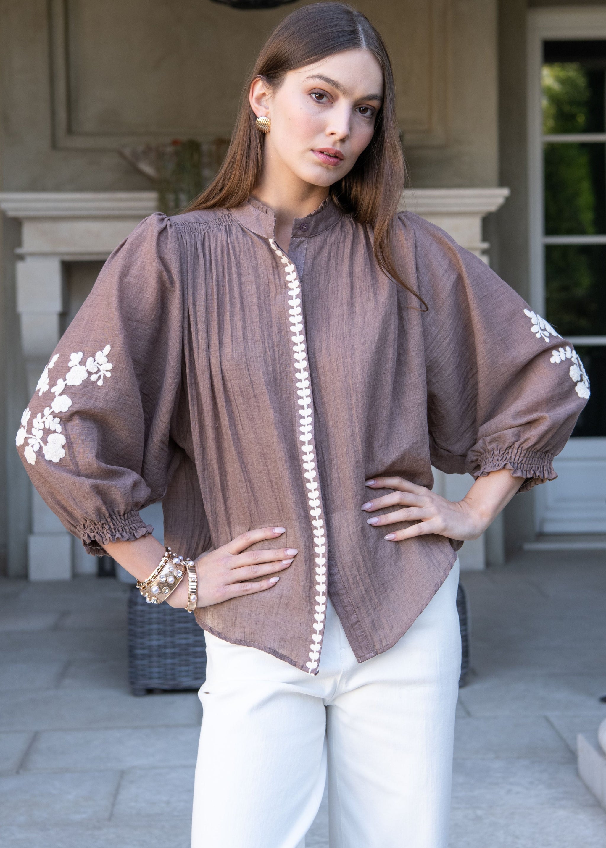 Marjorie Mock Neck Long sleeve Top with Embroidery - Blue – Benaar LA