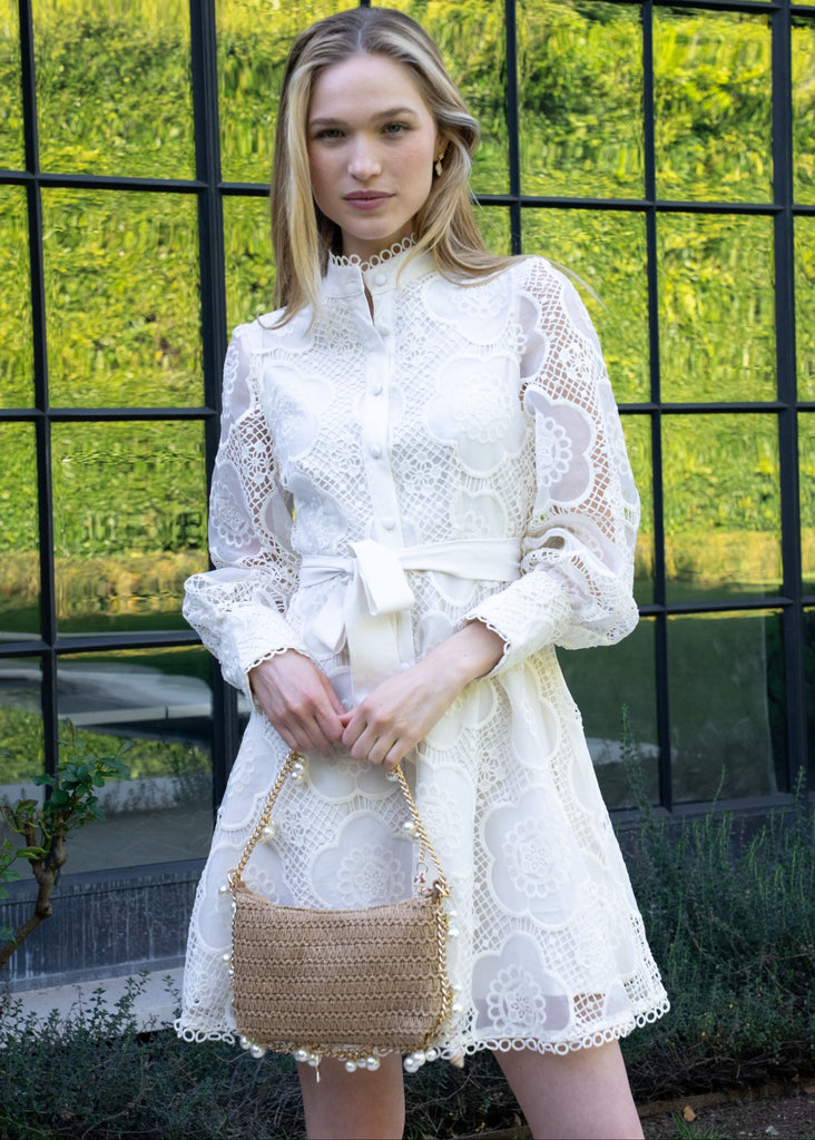 white beige lace dress Anita Floral Lace Long Puff Sleeve Mock Neck Mini Dress