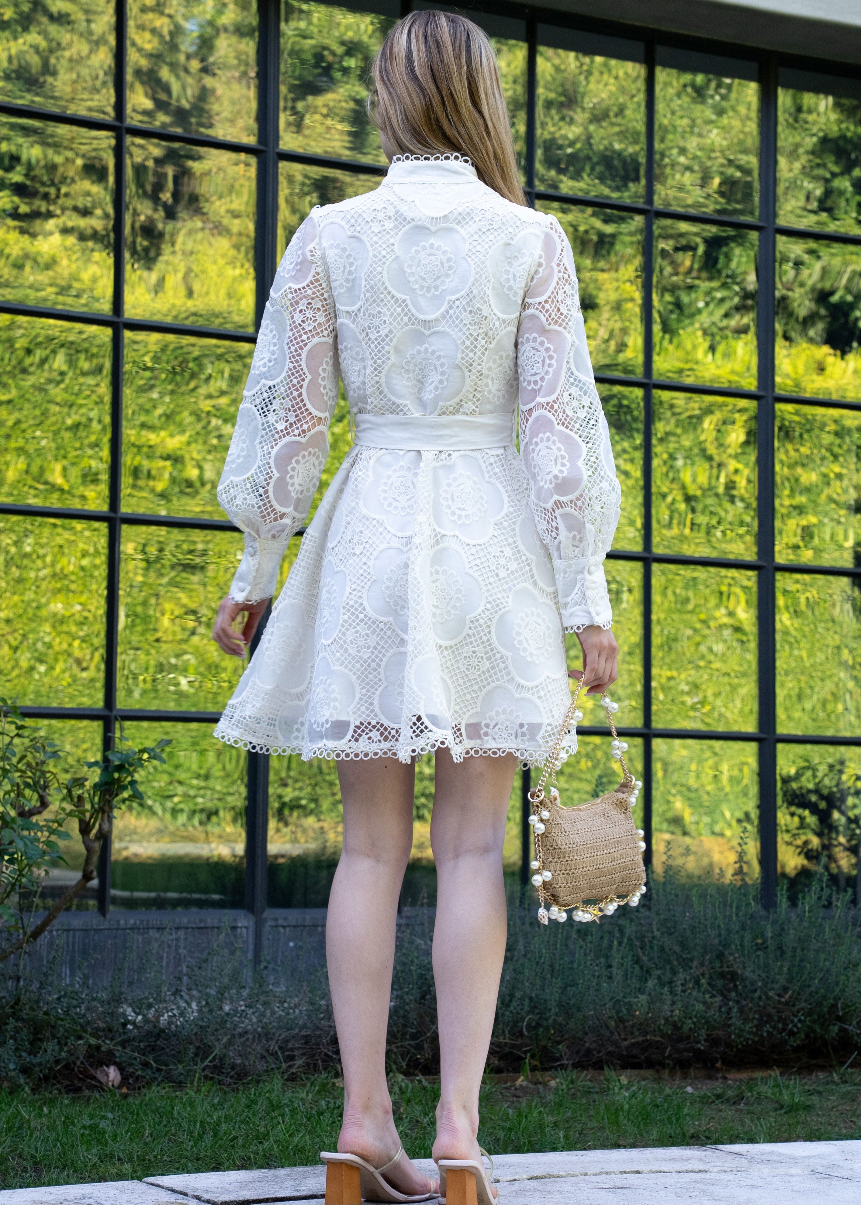 floral lace mock neck mini dress Anita Floral Lace Long Puff Sleeve Mock Neck Mini Dress