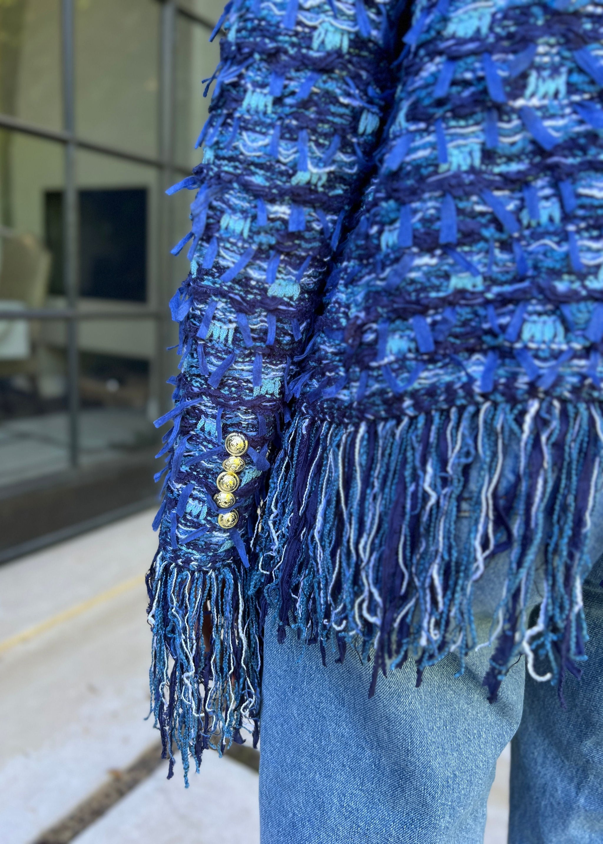 Khloe Open Front Fringe Jacket - Blue – Benaar LA